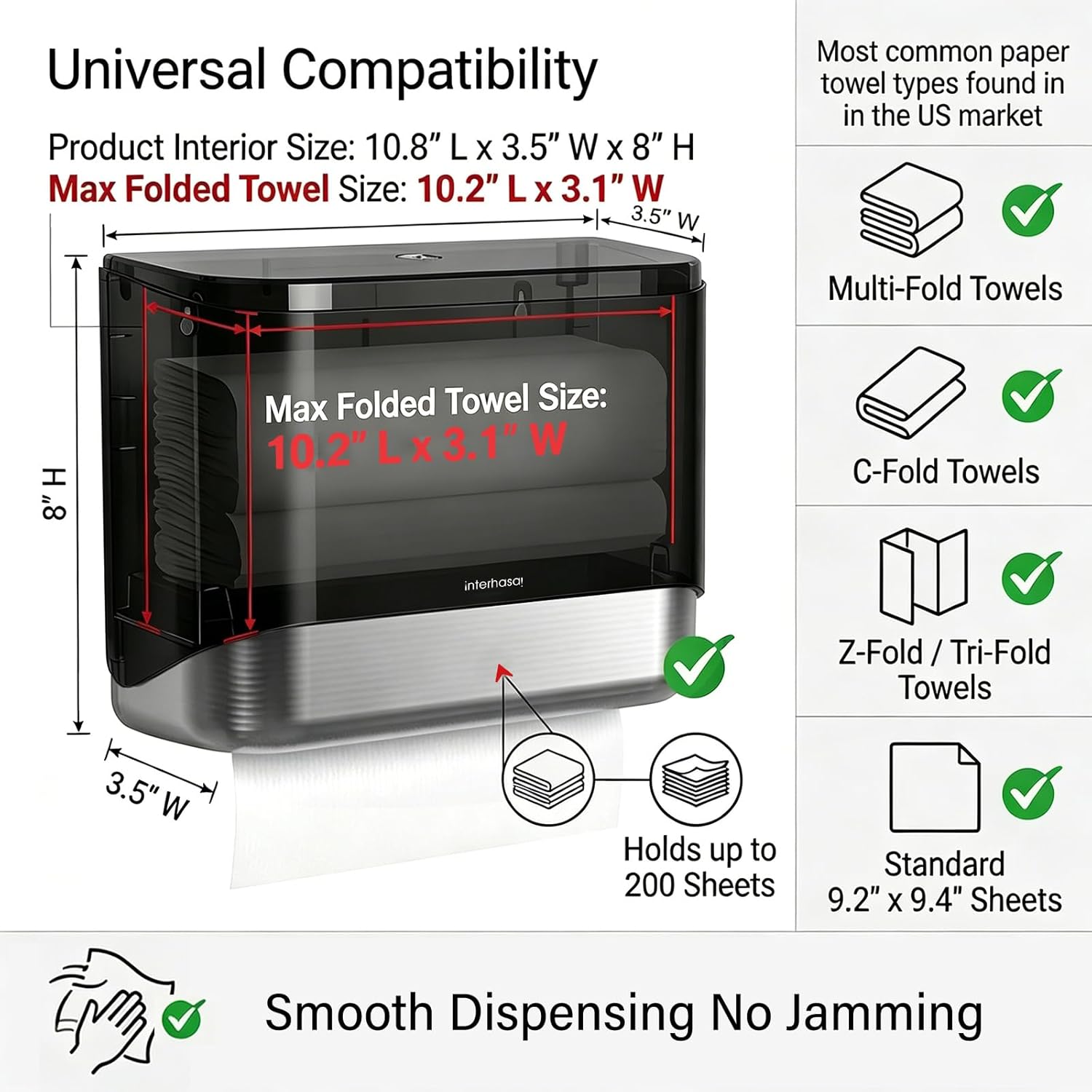 interhasa! Commercial Paper Towel Dispenser Wall Mount - ADA Compliant Multifold Trifold & C-Fold Hand Towel Holder for Restroom, Office, Clinic. Lockable, No-Drill ABS, 10.8" L x 3.5" W x 8" H