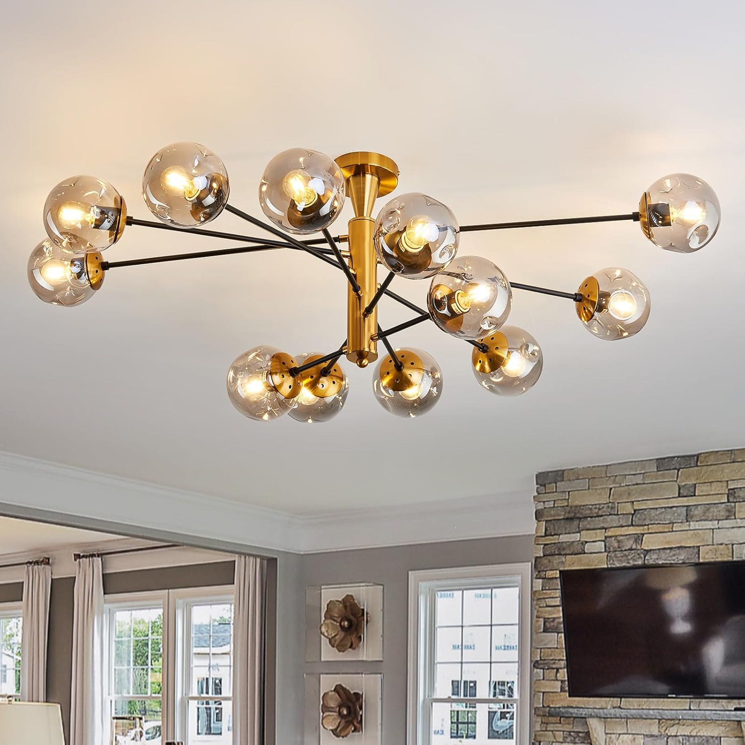 Large 12 Light Sputnik Semi Flush Mount Ceiling Light Fixture Gold Mid Century Modern Chandelier with Glass Globe Close to Ceiling Light for Living Room Kitchen Dining Room Bedroom. Gold 12light NOT TESTED  INCOMPLETE
