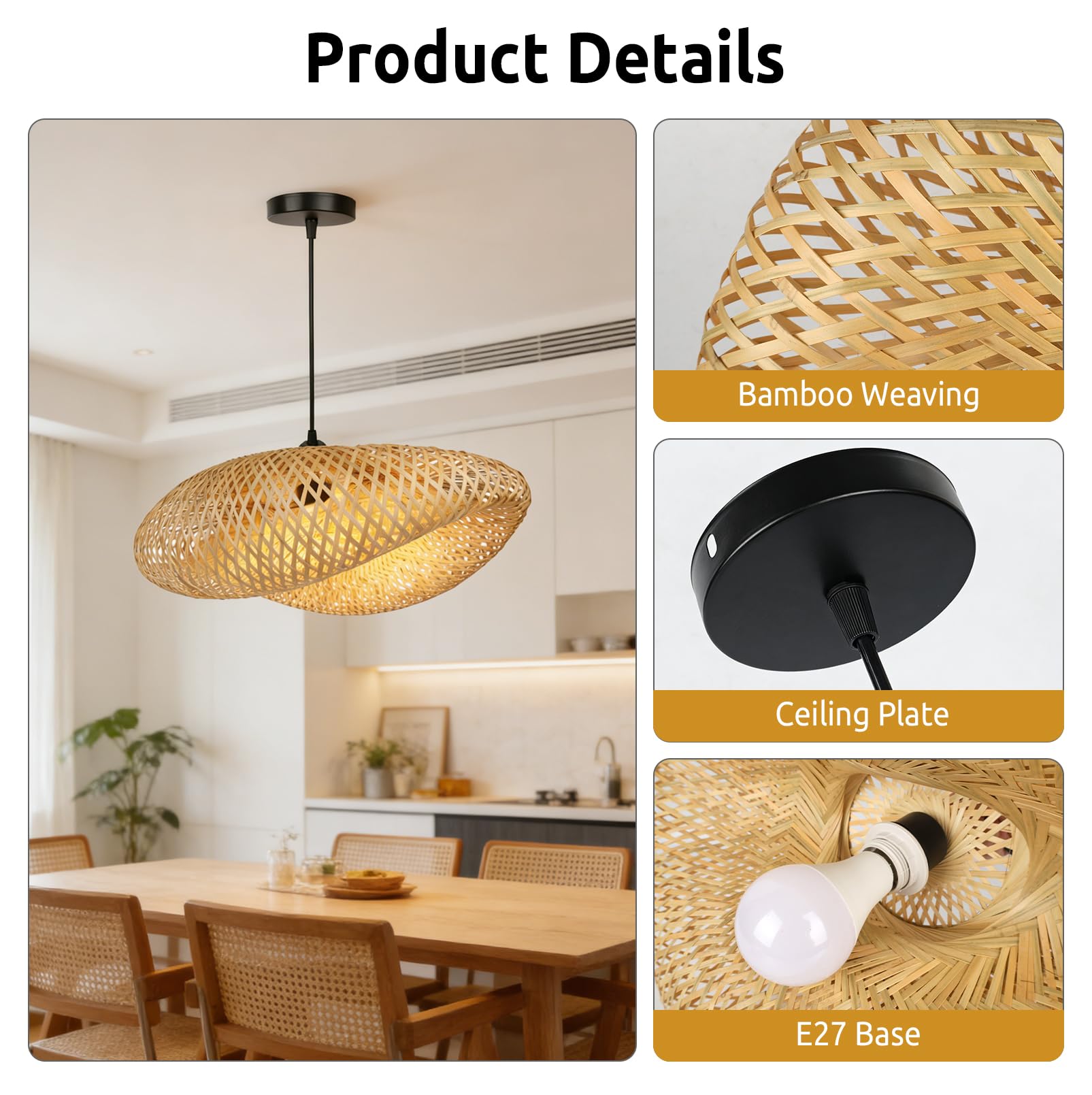 Lampa wisząca z bambusa, ręcznie wykonany abażur z rattanu z oprawką E27