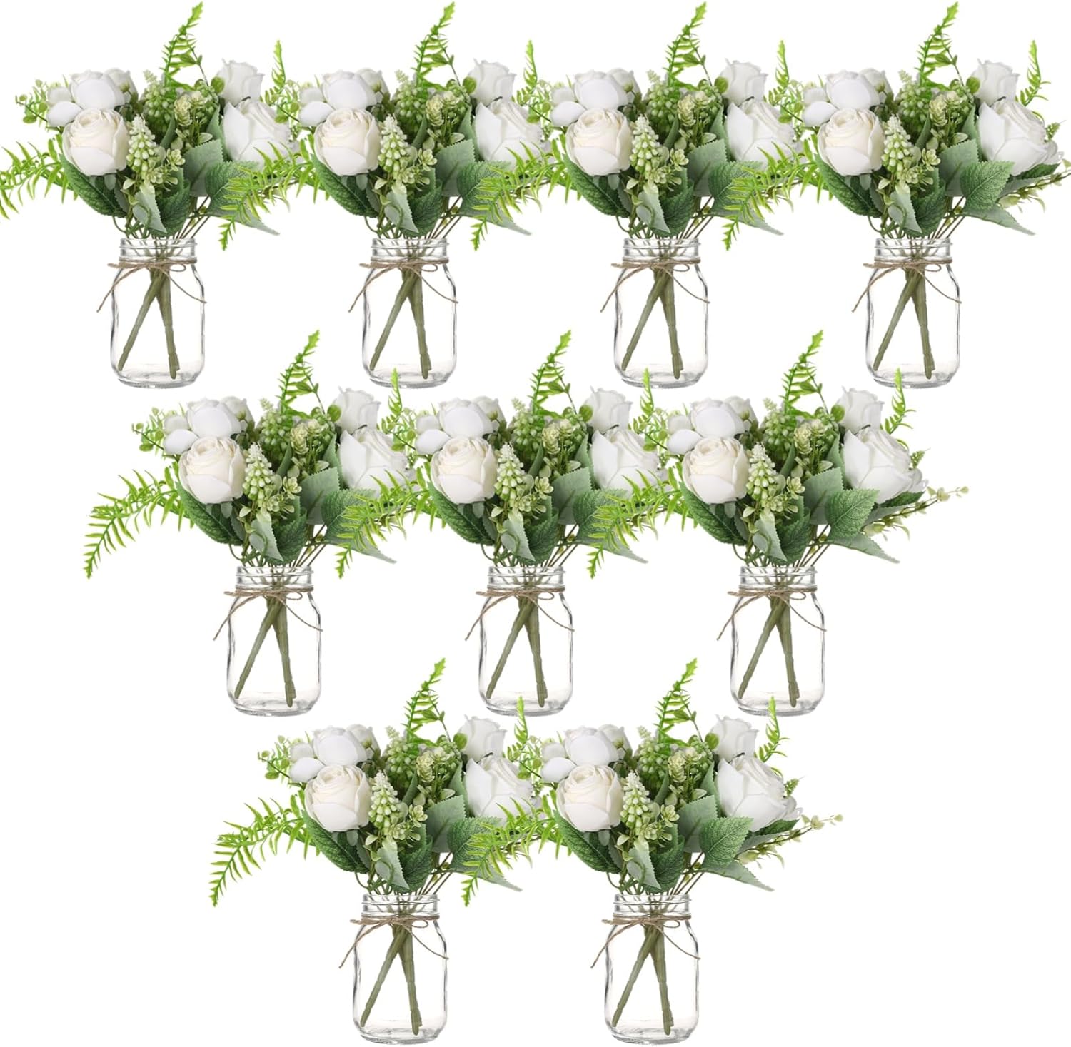 10 Pcs Mason Jar Vase Flower Centerpieces for Tables - 10 Long-lasting 17 fl oz /500 ml Glass Jars and 32.8 ft / 10 m Hemp Ropes, No Maintenance Faux Floral Decor, Elegant Table Centerpiece Set