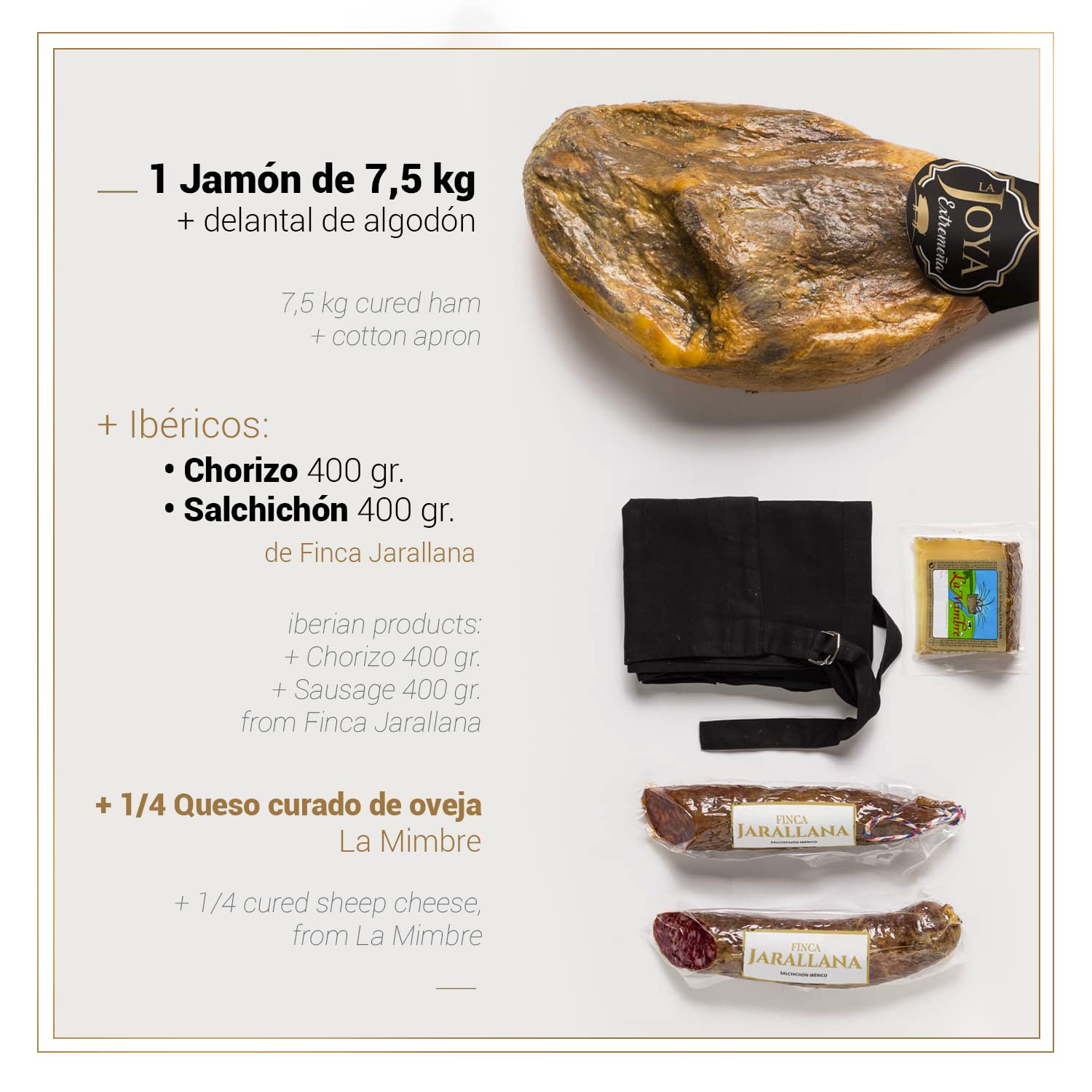 La Nevera Española - Lote de Jamón la Joya Extremeña, Chorizo y Salchichón Finca Jarallana, Cuña de Queso de Oveja y Delantal - Pack de Productos Nacionales