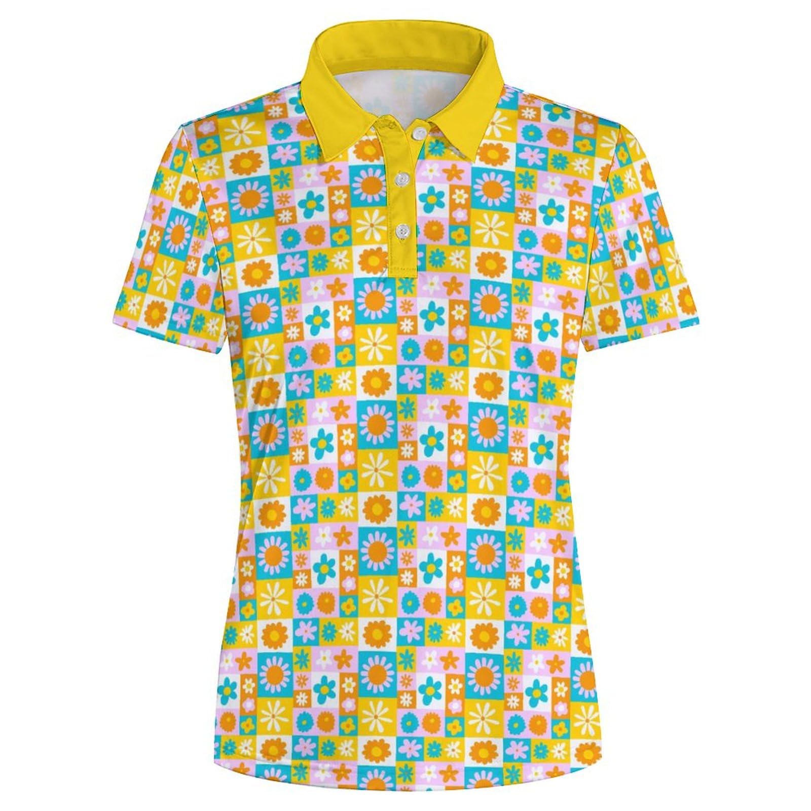 Women's Retro Flowers Golf Shirt 70s Moisture Wicking Golf Polo Shirts Short Sleeve Dry Fit Tennis Shirts 2XL