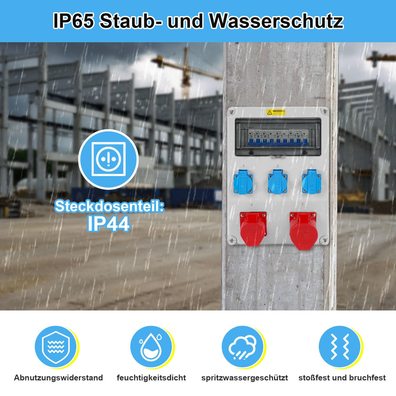 Rozdzielacz prądu budowlanego, 1 x CEE 32 A 400 V + 1 x CEE 16 A 400 V + 3 x 230 V Schuko, 5-biegunowy rozdzielacz ścienny z przełącznikami LS, rozdzielacz prądu IP44 z klapkami zabezpieczającymi