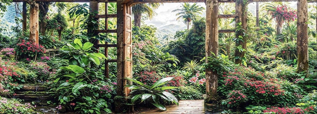 Tropical Window View Garden Mural, Tapestry & Curtain Waterproof Outdoor Wall Hanging, Lush Jungle Garden Wall Art & Exotic Fence Decor W196.85 inches x H70.87 Inches