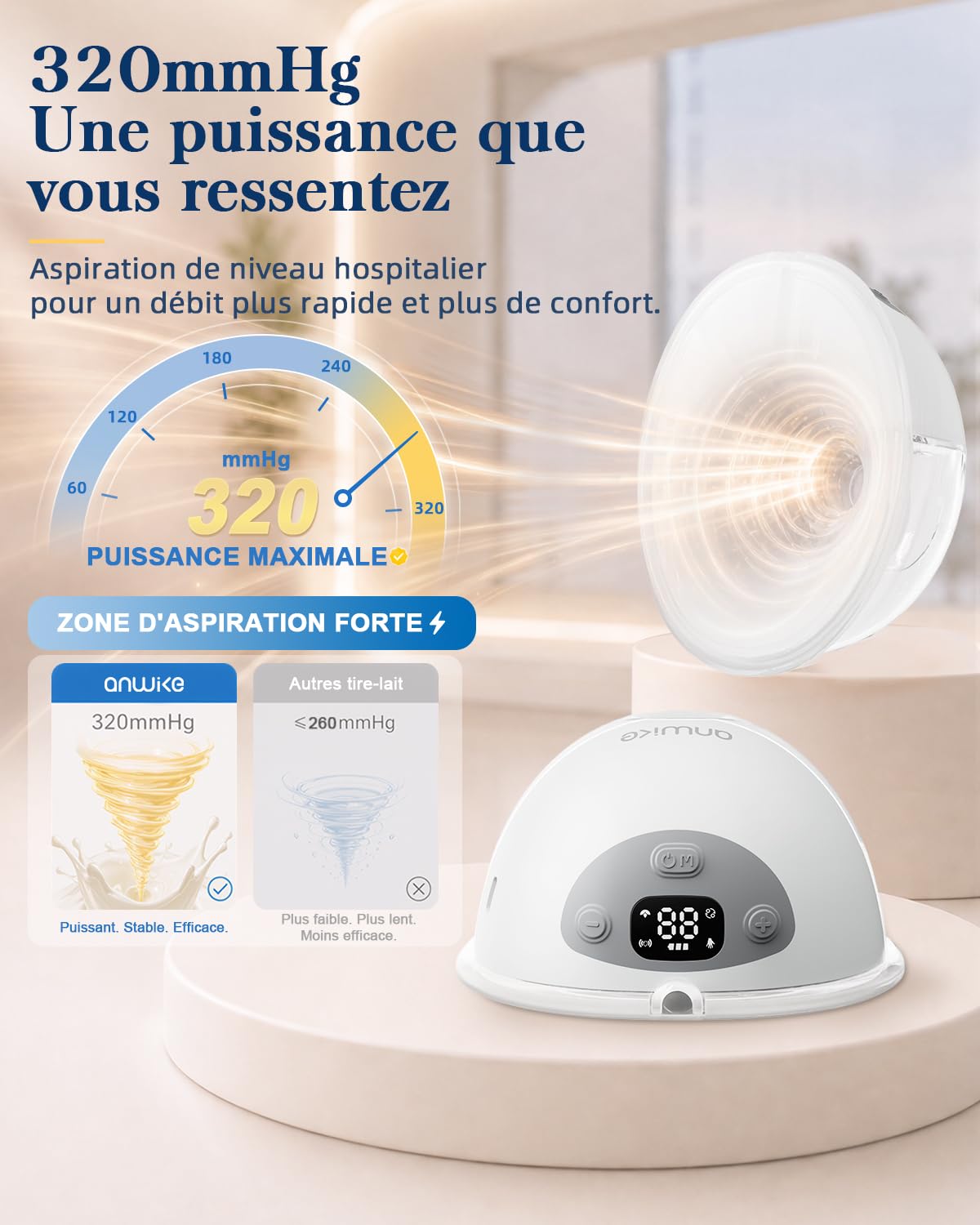 ANWIKE K10 Tire lait electrique mains libres, 4 modes, 20 niveaux | 1200mAh, téterelle 27 mm, Tire lait nomade mains libres jusqu’à 320 mmHg, faible bruit, base verticale(Blanc, 2 unités)