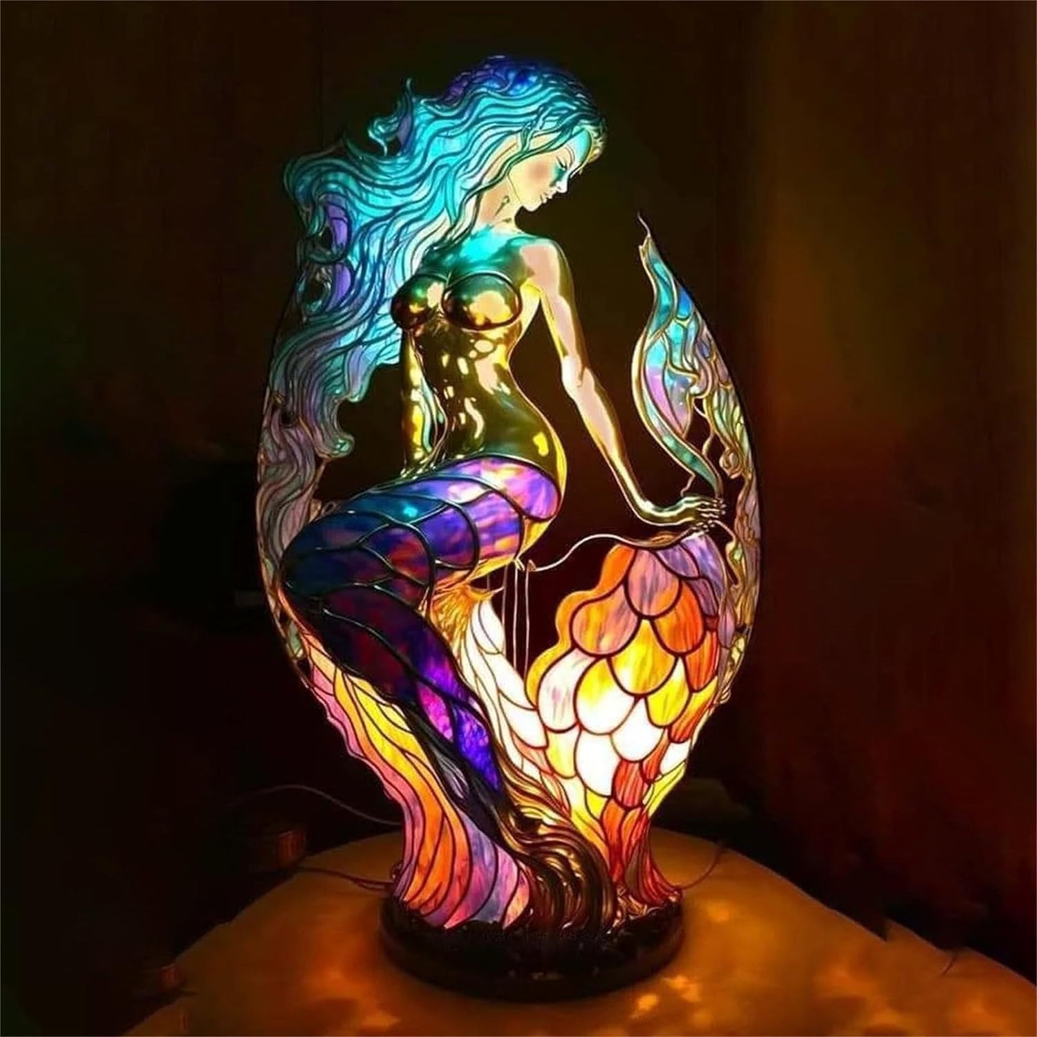 Photo 1 of Animal Table Lamp Series, Retro Table Lamp, Stained Glass Wolf Horse Lion Elephant Dragon Dolphin Cat Owl Turtle Bedside Lamp Night Light, Tabletop Home Bedroom Decoration (Merman)