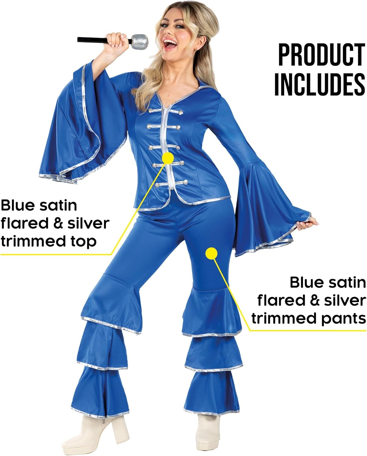 fun shack 70 Disco Costume for Women Blue Flares, Disco Queen Jumpsuit, Retro Dance Outfit for Parties - Image 2