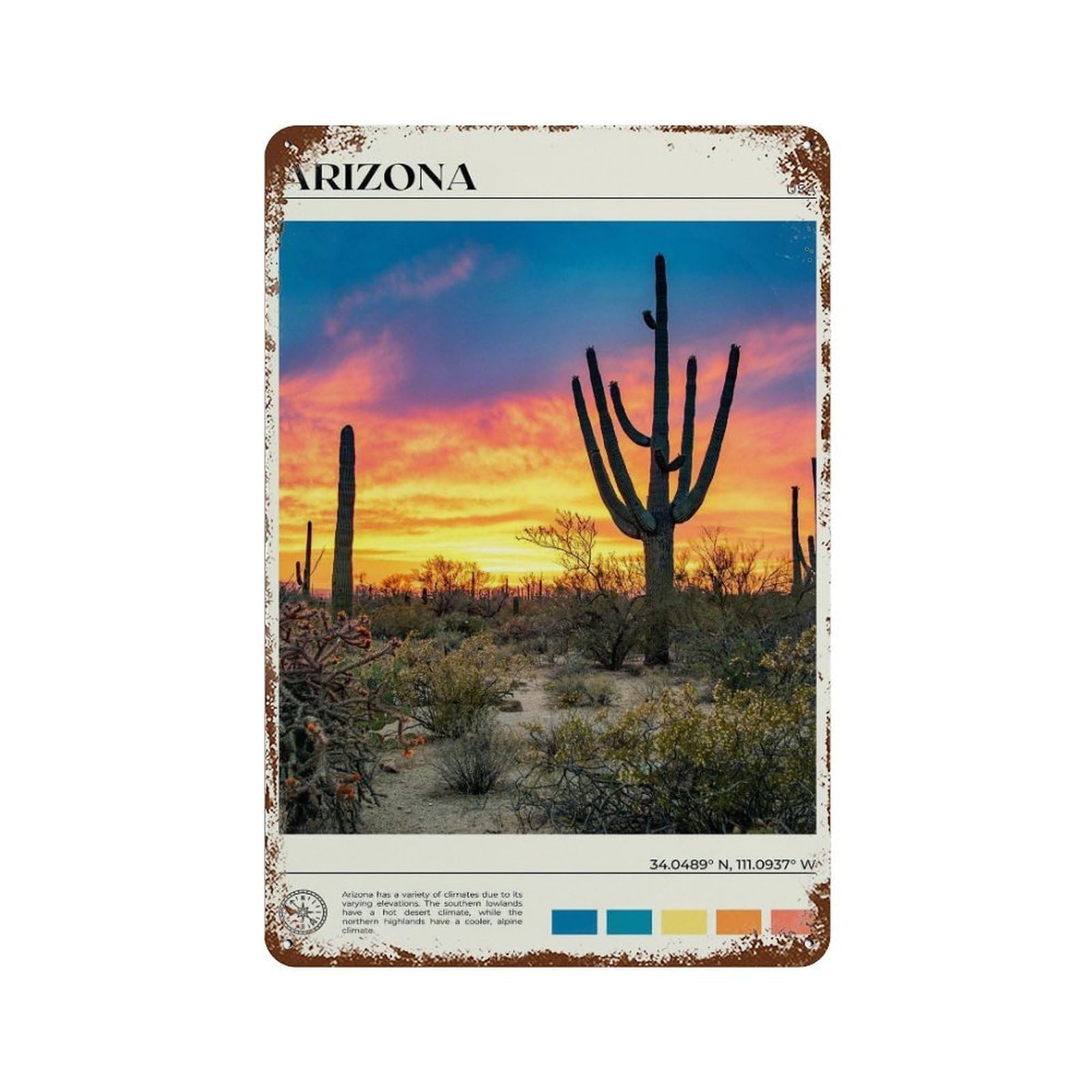 xiaoxiaoshen Real Photo Arizona Decor USA Wall Decor Art Metal Tin Poster Modern Home Decor Art Home Bar Shop Decorations Vintage Sign 30x20cm