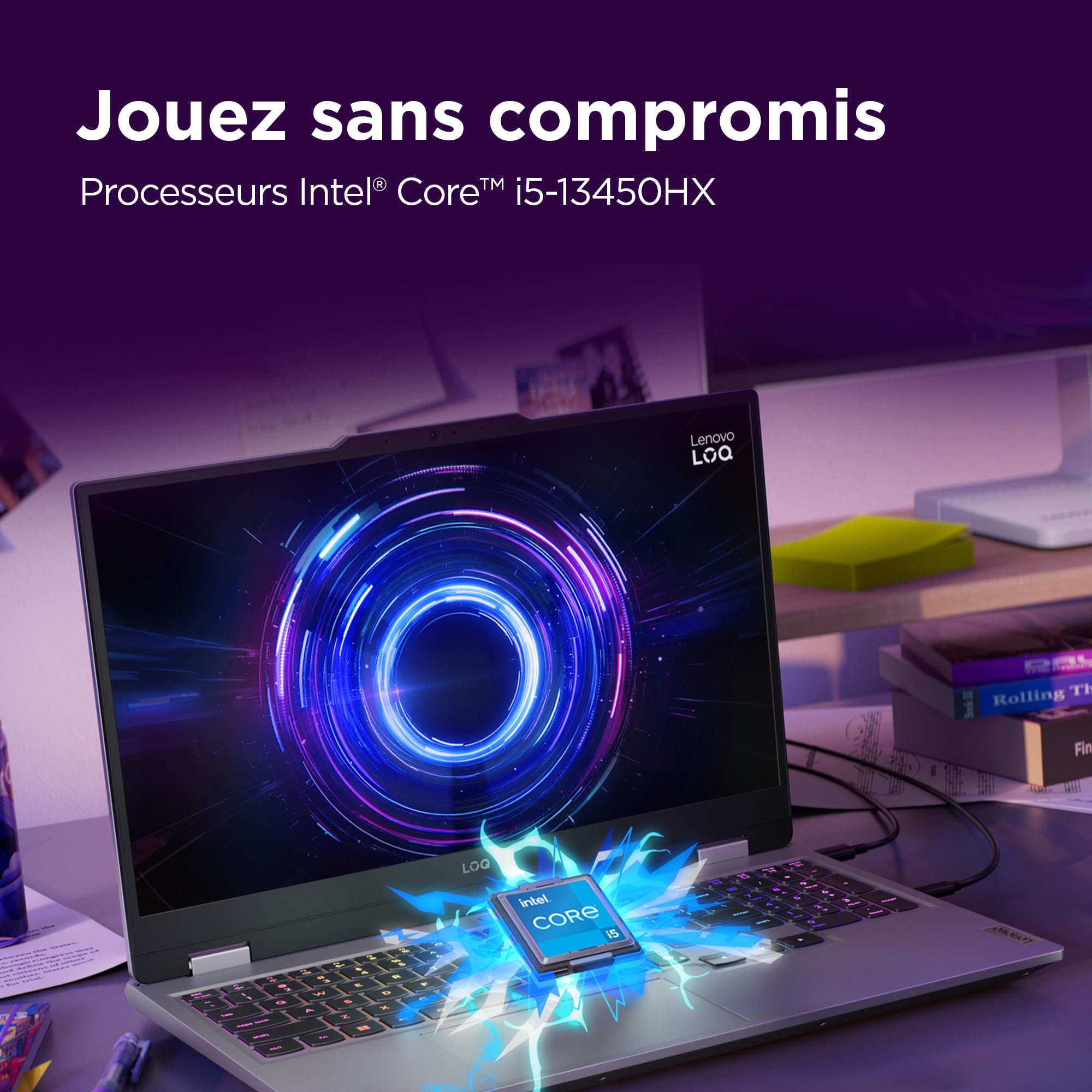 Lenovo LOQ 15IRX10 Ordinateur Portable Gaming 15.6" FHD 144Hz Intel Core i5-13450HX RAM 16Go SSD 512Go NVIDIA RTX 5060 8GB Clavier AZERTY Gris