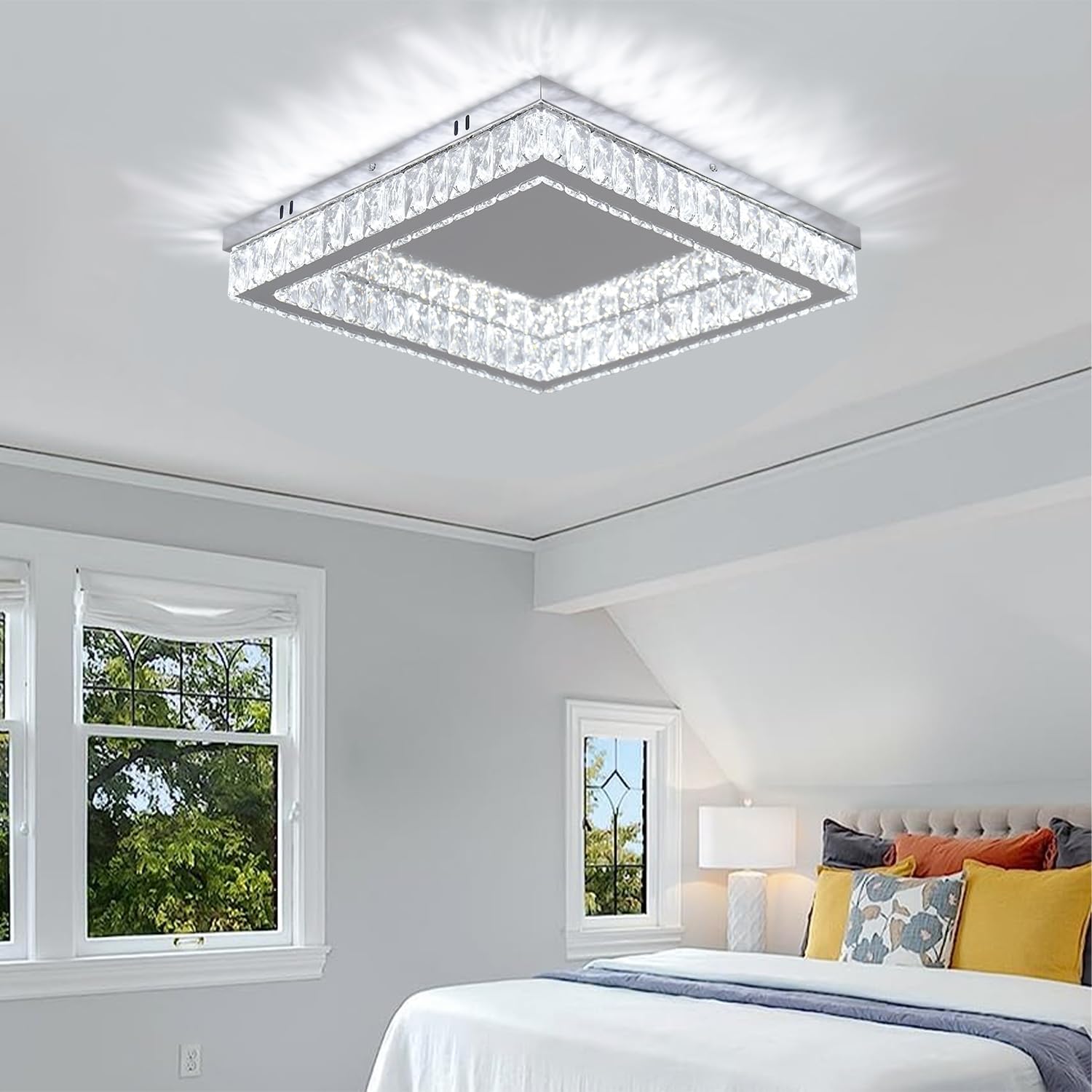 Finktonglan Plafoniera LED Cristallo Moderna Quadrata 45 cm, Lampadario a Soffitto in Acciaio Inossidabile con Cristalli K9, Bianco Freddo 6000K, 34W per Soggiorno Camera Sala da Pranzo