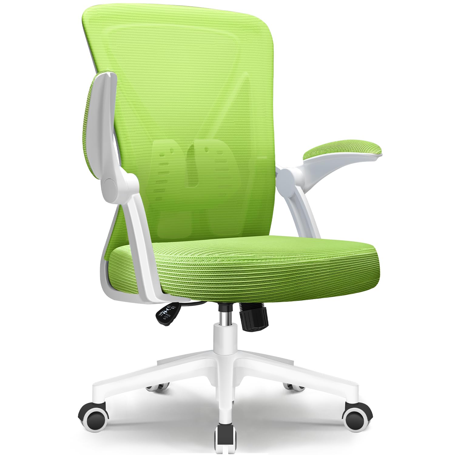 Hinonde Bürostuhl,Bürostuhl Ergonomisch,Höhenverstellbare Bürostühle,Drehstuhl mit Lendenwirbelstütze Rückenschonend,Schreibtischstuhl mit klappbare Armlehnen,Netzstuhl mit Wippfun,Grüner Bürostuhle