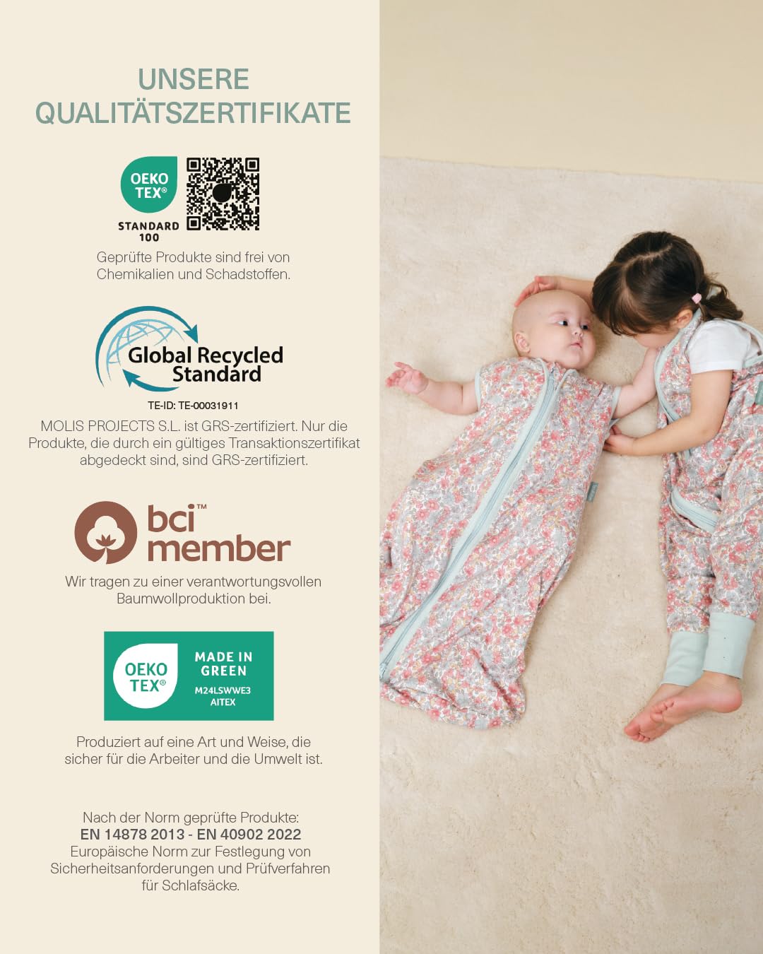 molis&co - Baby Schlafsack 0.5 TOG - Ideal für den Sommer - 100% Baumwolle (Oeko-TEX 100) - 0-6 Monat (70 cm) - Summer Bloom
