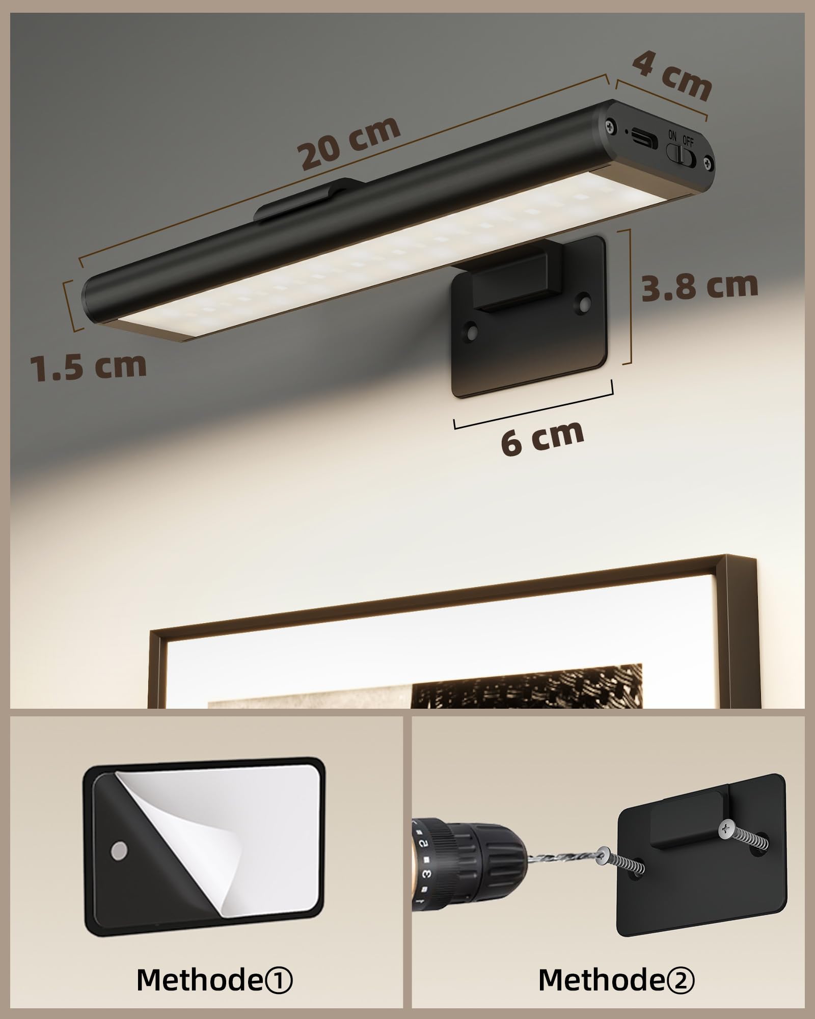 EZVALO Bildbeleuchtung Kabellos, Wandleuchte Innen LED, Fernbedienung, Dart Beleuchtung, 3 Farbtemperaturen, integrierter 2400mAh Akku, Magnetische Bilderleuchte für Gemälde, Foto (Schwarz, 2 Stück)