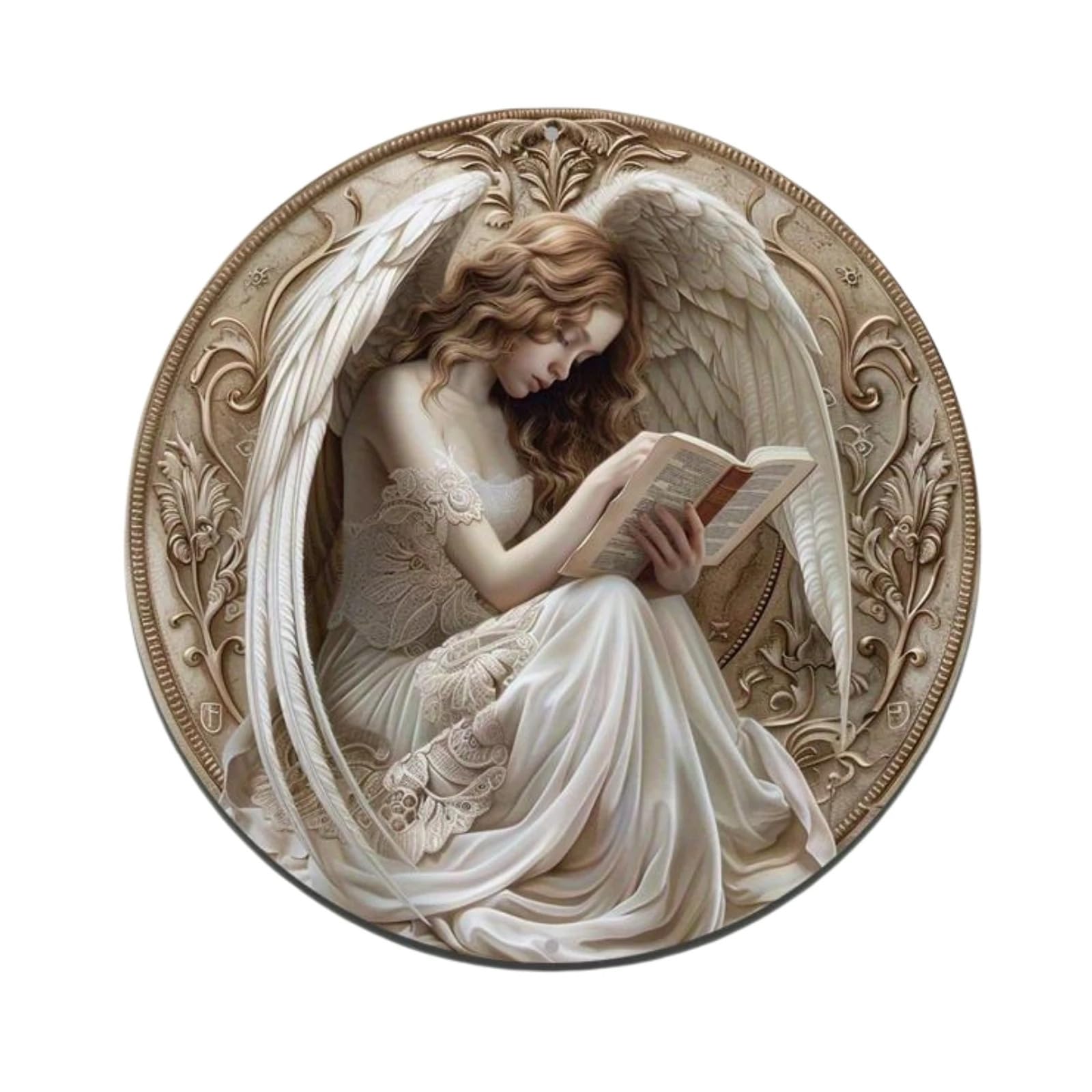 Artistic Angelic Reading Book Theme Round Sign Wall Hanging Ornament Wooden Front Door Plaques Farmhouse Decoration Gift Round Wall Hanging Plaques
