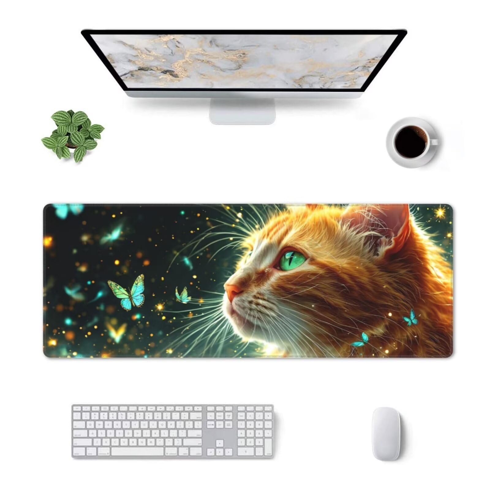 Tappetino Mouse, Tappetino Mouse Gaming Grande XXL 1500x800x3mm Tappetino Scrivania Mouse Pad, Base in Gomma Antiscivolo, Bordi Cuciti,Lavabile, Mousepad per Ufficio e Gaming (Gatto farfalla) R-316