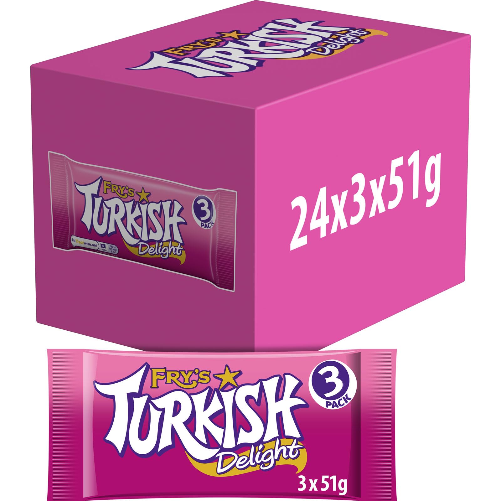 Fry's Turkish Delight | Classic Rose-Flavoured Chocolate Treats | 24 x 3 x 51g Pack