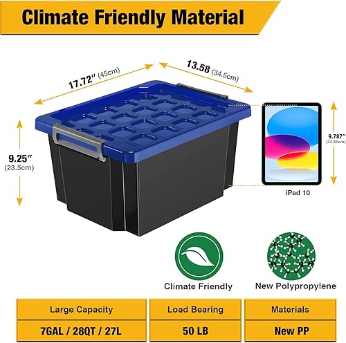 Miniatura 2 de V12 - Contenedores pequeños de almacenamiento resistentes de 7 galones con tapas de cierre, contenedores apilables de plástico resistente con asas