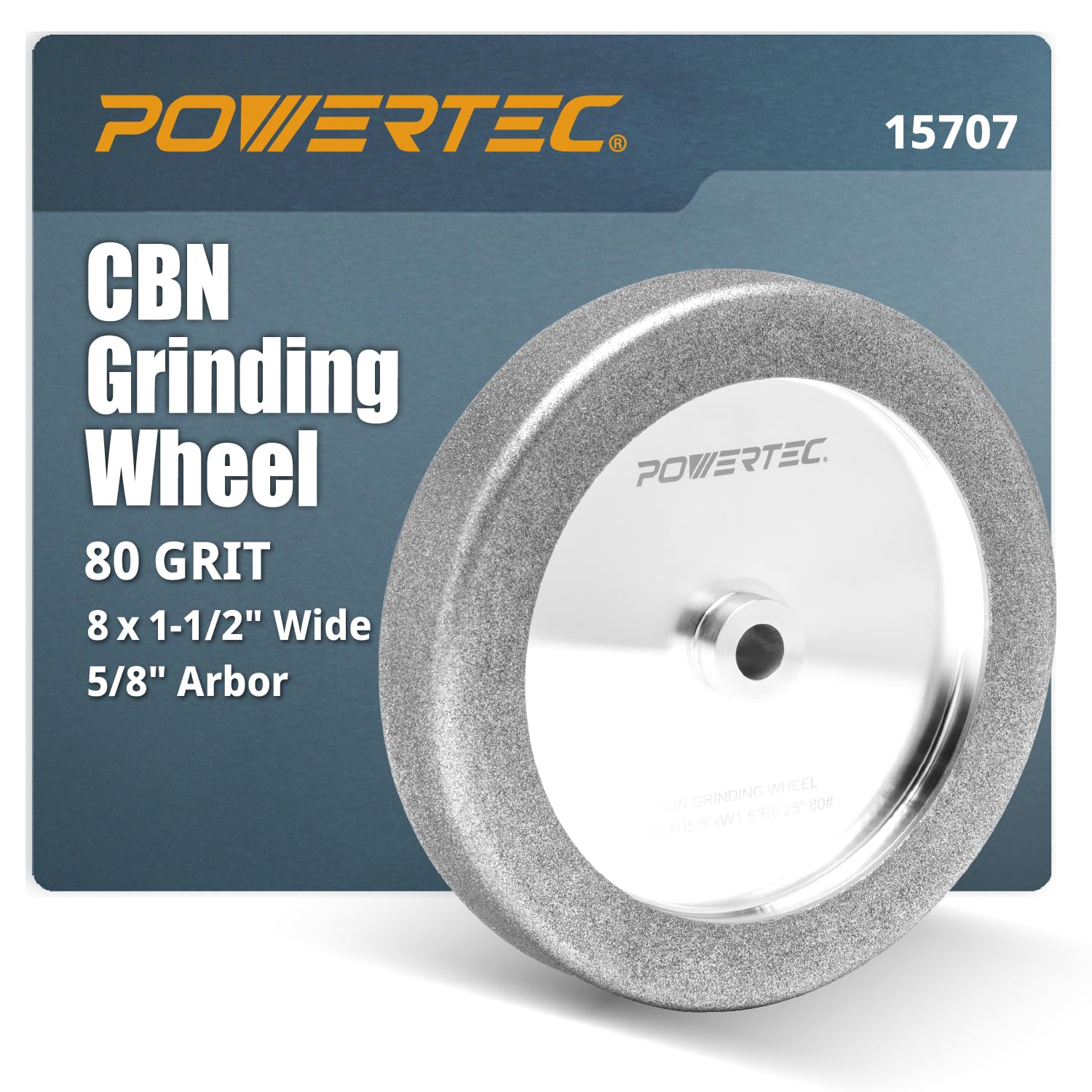 POWERTEC CBN Grinding Wheel 8 Inch 80 Grit, 1-1/2" Wide, 5/8" Arbor – 4-in-1 CBN Sharpening Wheel with 1/4" Radius Edge and Side Face for Bench