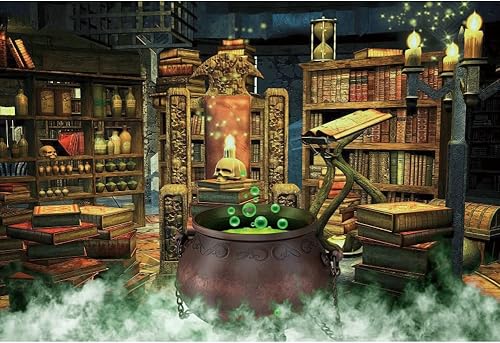 Miniatura 4 de AOFOTO Fondo de fotografía de Halloween de 7 x 5 pies, estantería de caldero mágico de bruja en habitación espeluznante, decoración de fiesta,