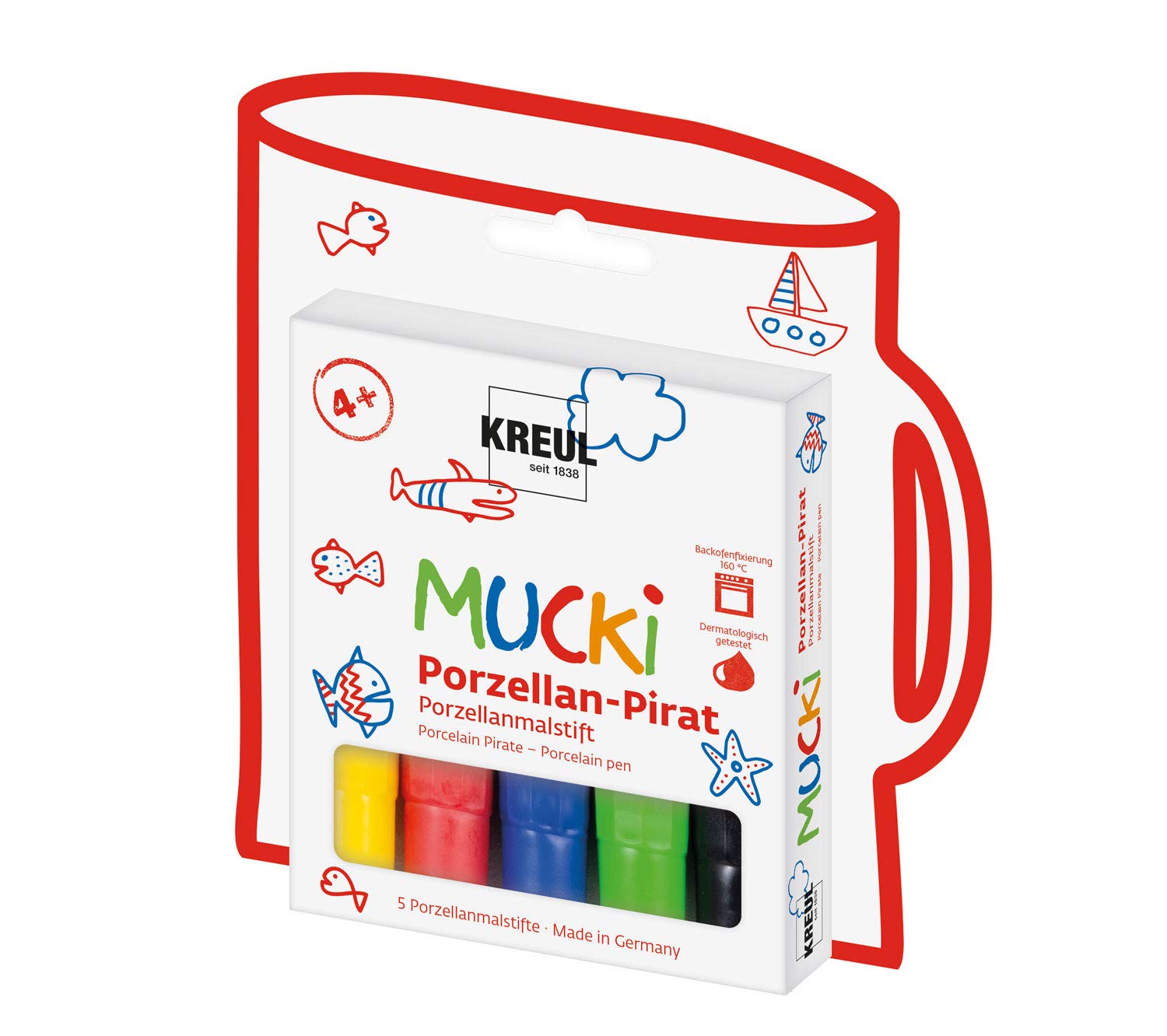 KREUL 27157 MUCKI crayons en porcelaine pour œuvres d'art personnalisées, 2-​5 mm, 5 stylos en jaune, rouge, bleu, vert et noir - Version Allemande