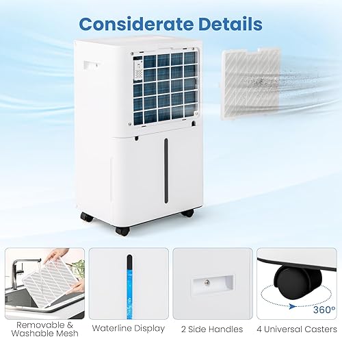 Miniatura 6 de COSTWAY Deshumidificador de 54 pintas para sótano, deshumidificador de 4500 pies cuadrados con 3 modos, temporizador de 24 horas, pantalla LED, luz