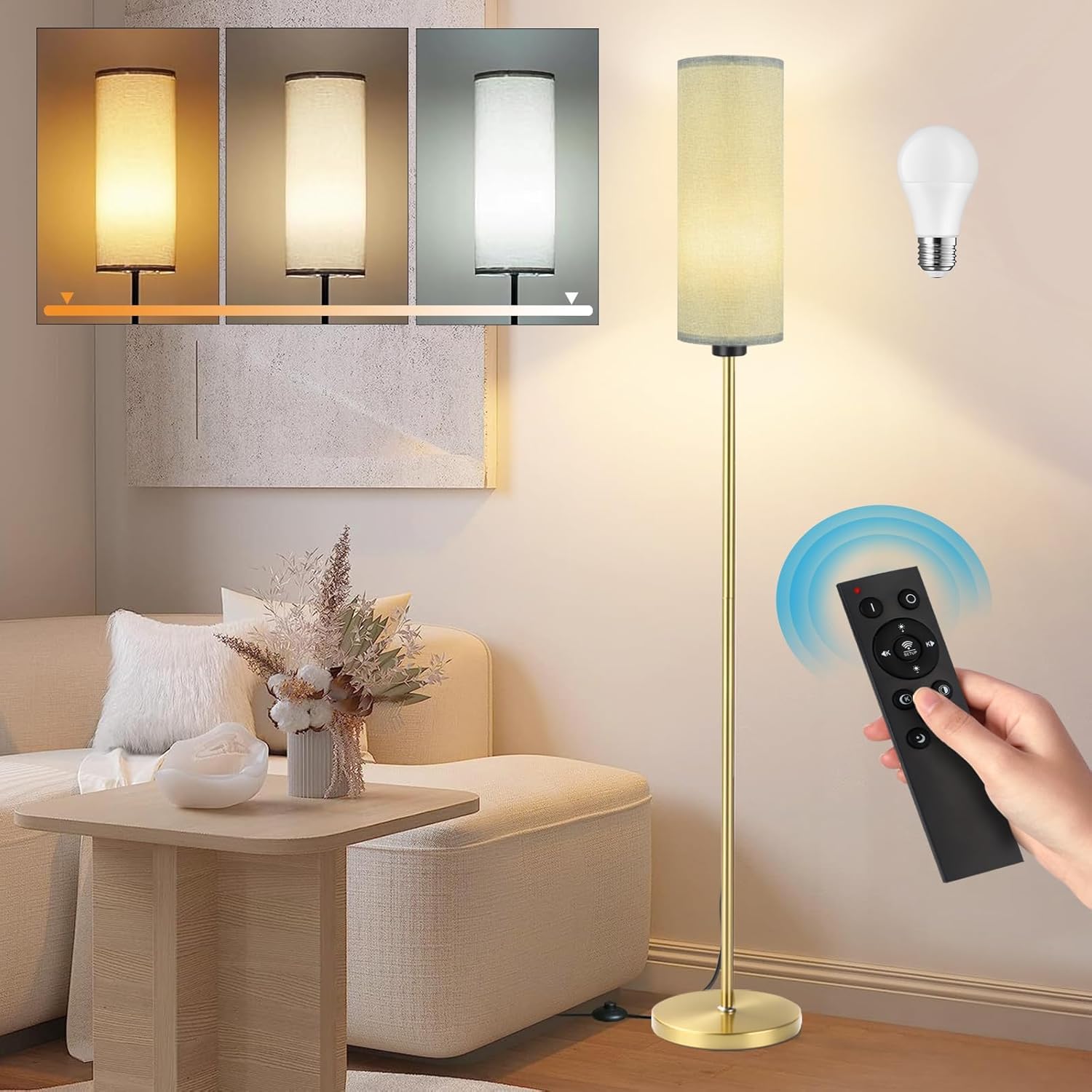 Floor Lamp Grey Standing Lamp with Remote Control, Dimmable Color Temperatures, 9W Bulb Included, Modern Black Pole Standard Corner Lamp with Foot Switch for Living Room Bedroom (Gold + Gray)