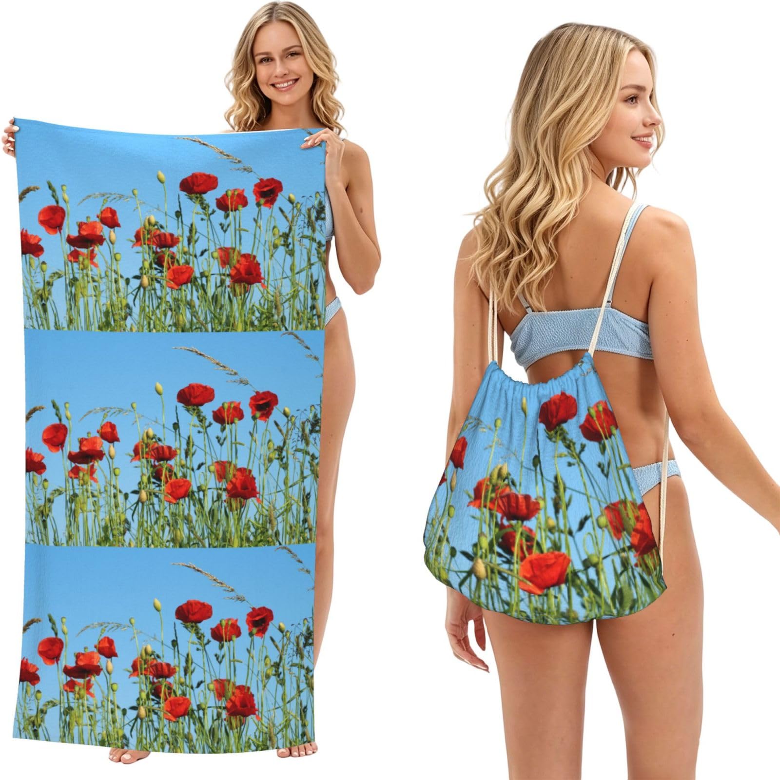 Poadnly As Picture Poppies On Blue Sky, 2 In 1 Packable Towel Bag, Beach Towels With Drawstring Backpack For Travel Holiday Camping