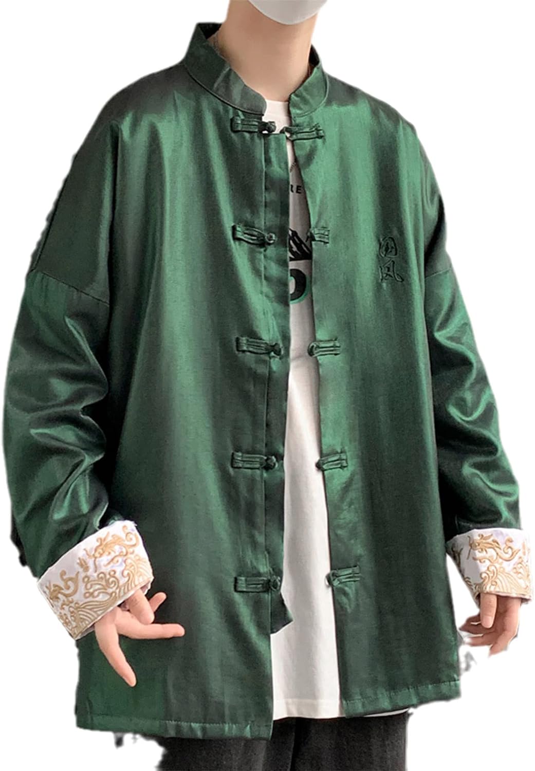 ntce中国のレトロなメンズ大サイズのドラゴン刺繍タンスーツジャケット長袖ボタンハンフコート green-XL
