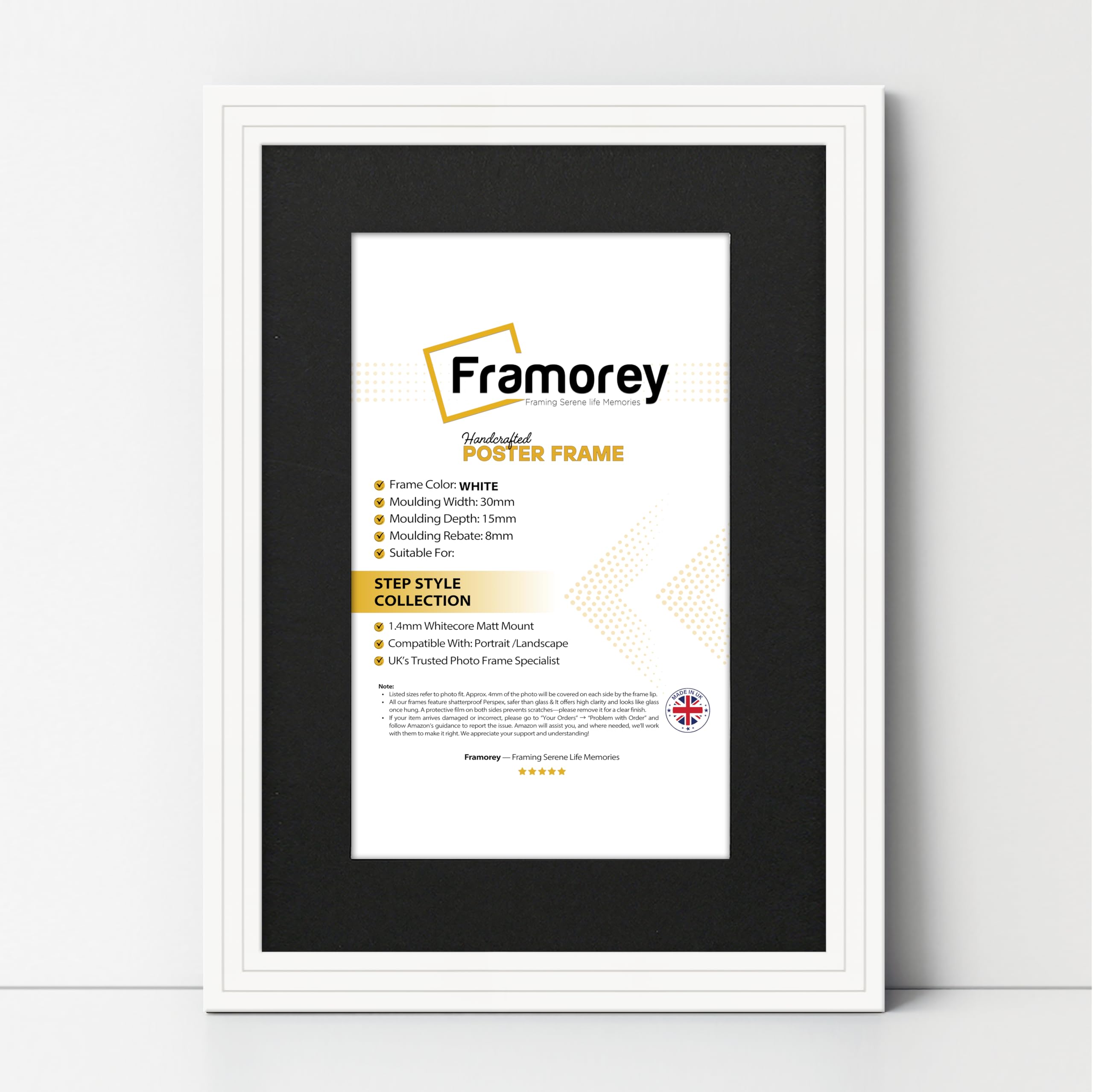 FRAMOREY Oxford Step Style Wooden Effect Picture Frame, 18x15" Size White Photo Frame With 14x11" Size Black Mount, Casual Wall Art Poster Frames, Photo Print Frames