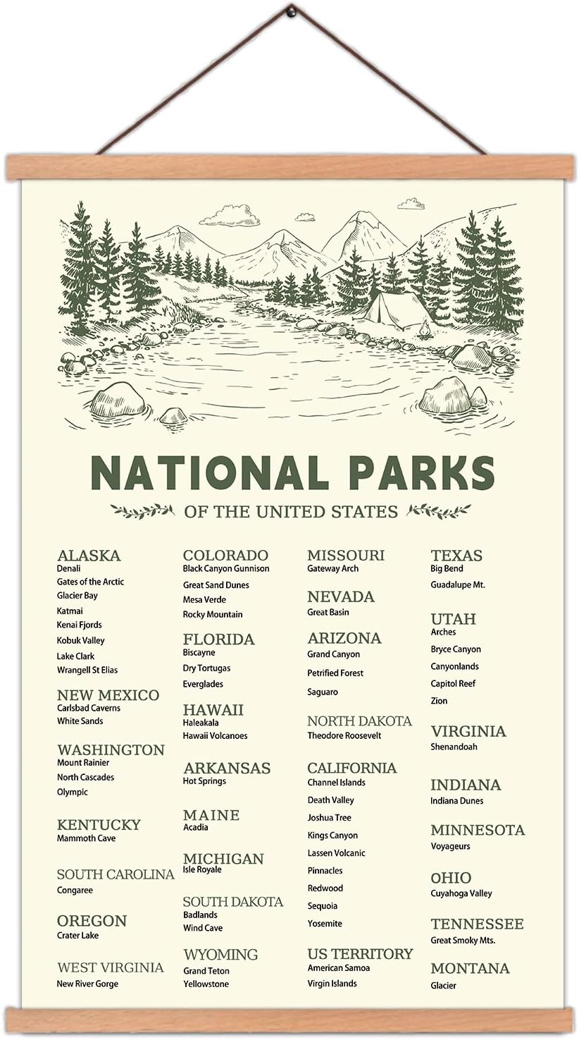 KAIRNE US National Park Checklist Poster,Park Posters for Travel Sign With Wooden Hanging Framed(40CMx75CM),Inspirational Rustic Decor,National Park Map Posters Gift for Hiker or National Park Lover