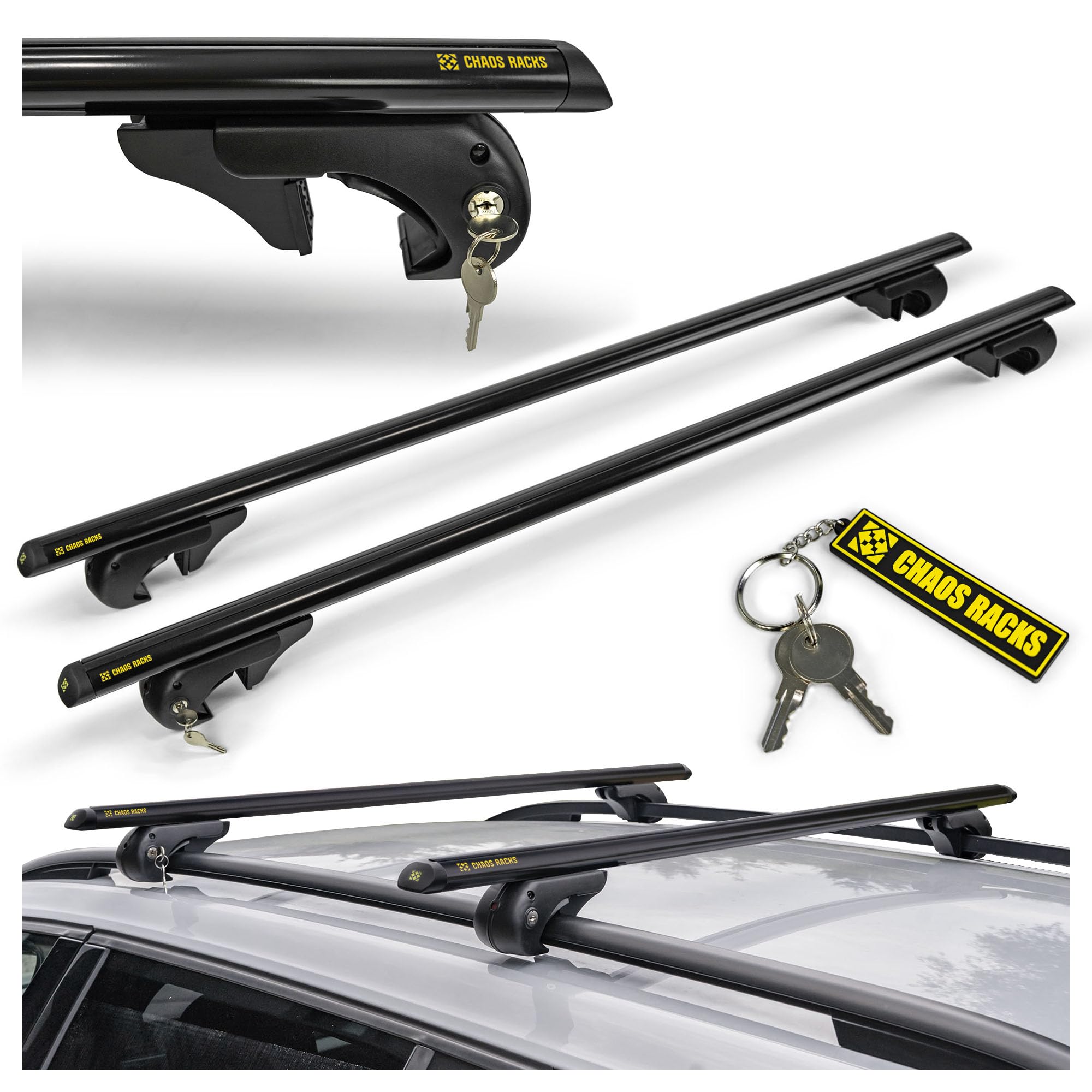Chaos Racks | Baca Coche Universal para Raíles Abiertos; Barras de Techo; Transporta de Forma Segura Cofre de Techo, Portabicicletas y Escalera; Construcción de Aluminio Ligera y Resistente; 120 cm