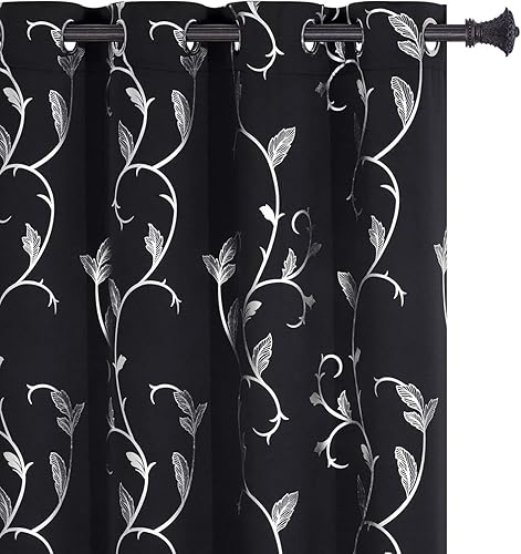 Miniatura 14 de BUHUA Cortinas opacas con estampado de flores, cortinas de ventana con aislamiento térmico, patrón de vid elegante en plata para habitación de bebé,