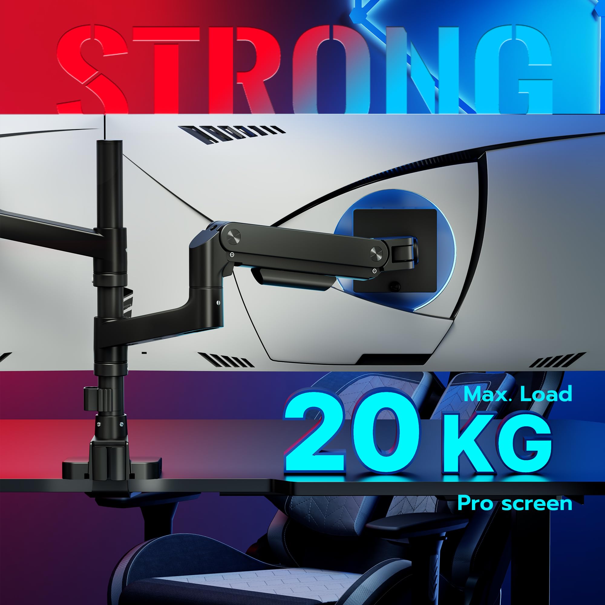 ARES WING Supporto per monitor per 2 monitor da 17-49", Nero | Braccio per Monitor Doppio, 2-20 kg/braccio, con molla a gas, VESA 75/100 mm