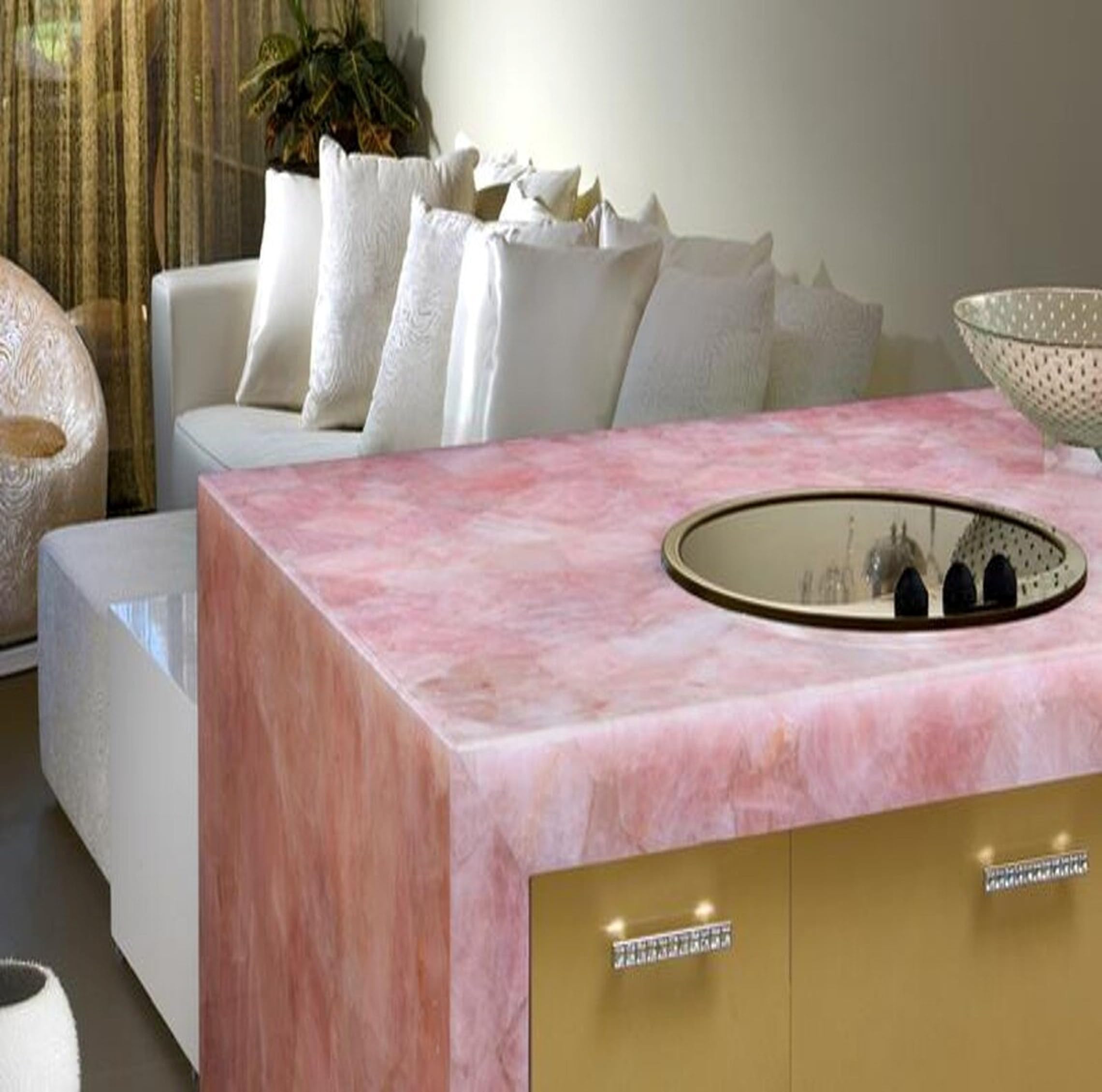 Lastra da cucina al quarzo rosa I Tavolo da caffè al quarzo rosa Top I Tavolo al quarzo I Quarzo Rosa Piano del tavolo fatto a mano I Quarzo Divano Tavolino 35,5 x 35,5 cm