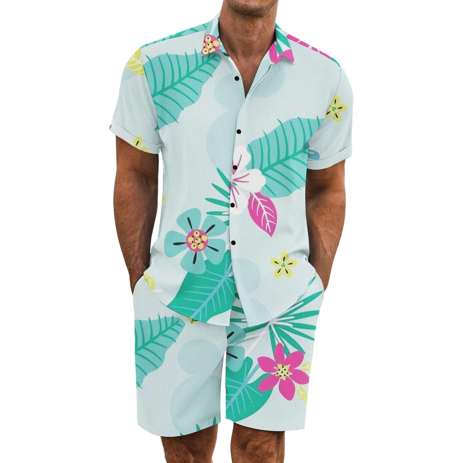 2 Pezzi Uomo Estiva Traspirante in Misto Lino - Completo Stampato e Pantaloncini Tute da Sportivo Completo Leggero Estivo Traspirante Italiana Outift per Vacanza e Tempo
