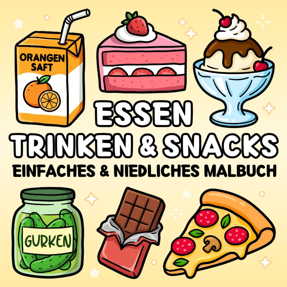 Essen Trinken & Snacks Malbuch: Einfaches & Süßes Ausmalbuch für Kinder & Erwachsene mit Fast Food, Süßigkeiten, Obst, Getränke und mehr (Süße & Einfache Malbücher)