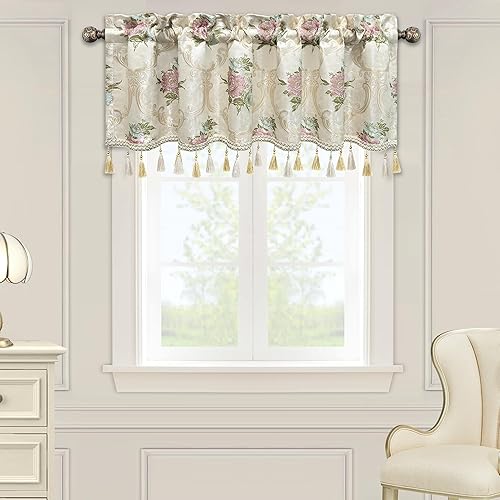 Loom and Mill Cenefas de lujo de estilo europeo para sala de estar, ventana de cocina, elegante cenefa de cortina floral jacquard con borlas,