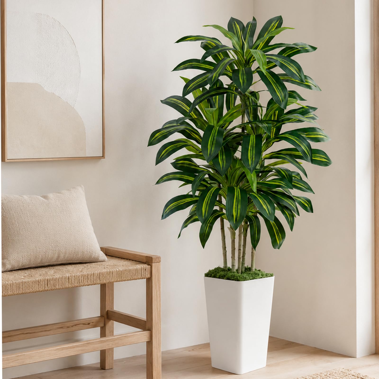 150cm Künstliche Pflanzen Dracaena Kunstpflanze Groß mit Topf Mit Planter aus weiß Kunstpflanzen wie echt für Drinnen Haus Wohnzimmer Dekoration Schlafzimmer Büro Garten (1 Stück)