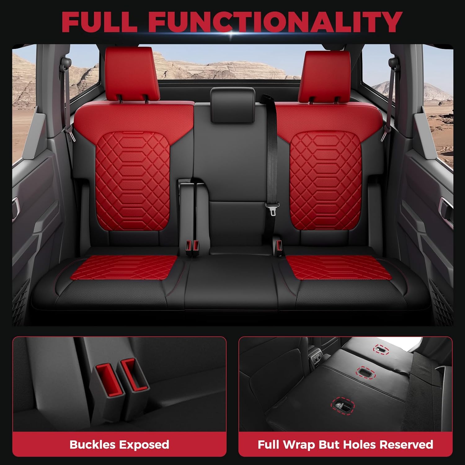FREESOO Custom Fit Seat Covers for Ford Bronco 4Door 2021-2026, Faux Leather, Durable, Breathable, 4‑Layer Waterproof, F/R Headrest, Airbag Deployment Compatible - Black Red, Full Set W/O Rear Armrest