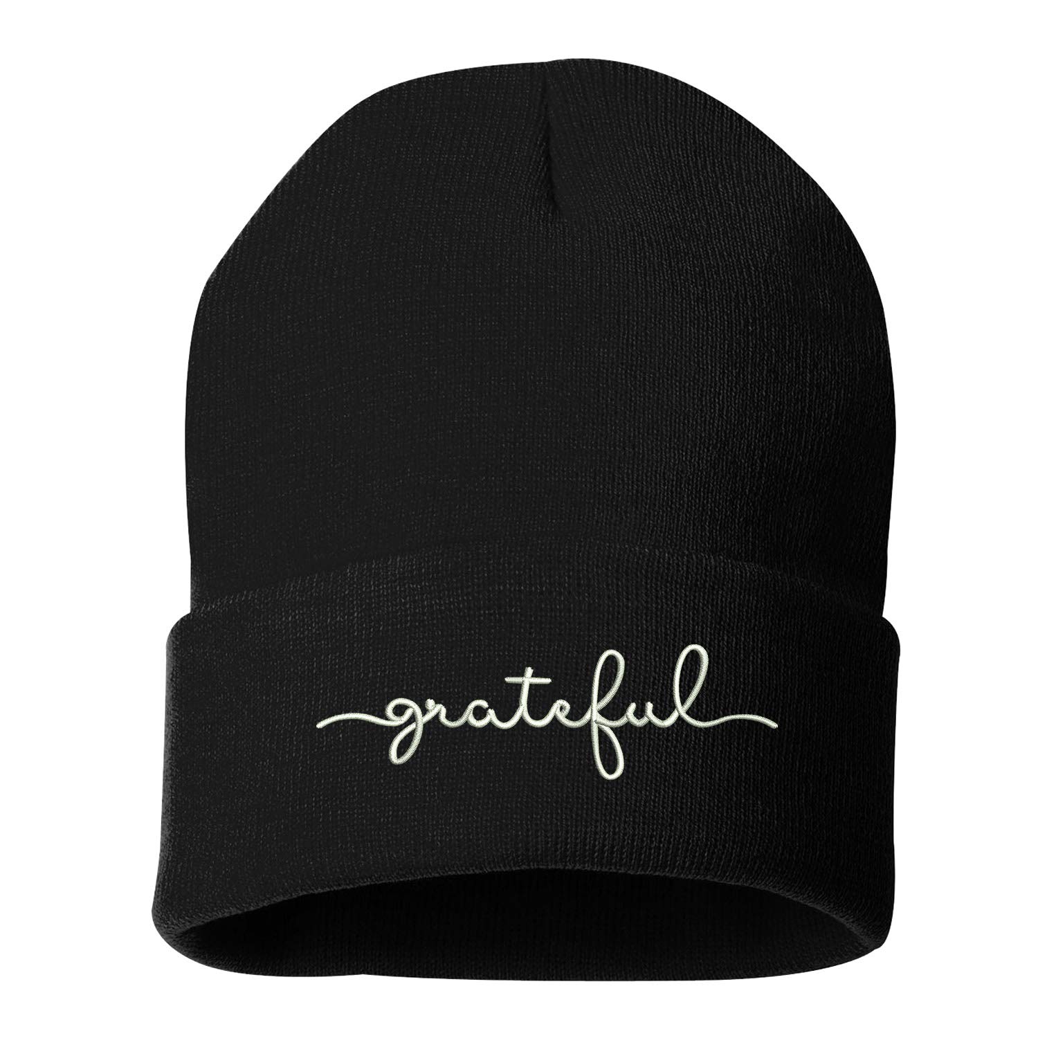 Prfcto Lifestyle Grateful Embroidered Beanie Cuffed Cap - Unisex Skullie Winter Hats (Black)