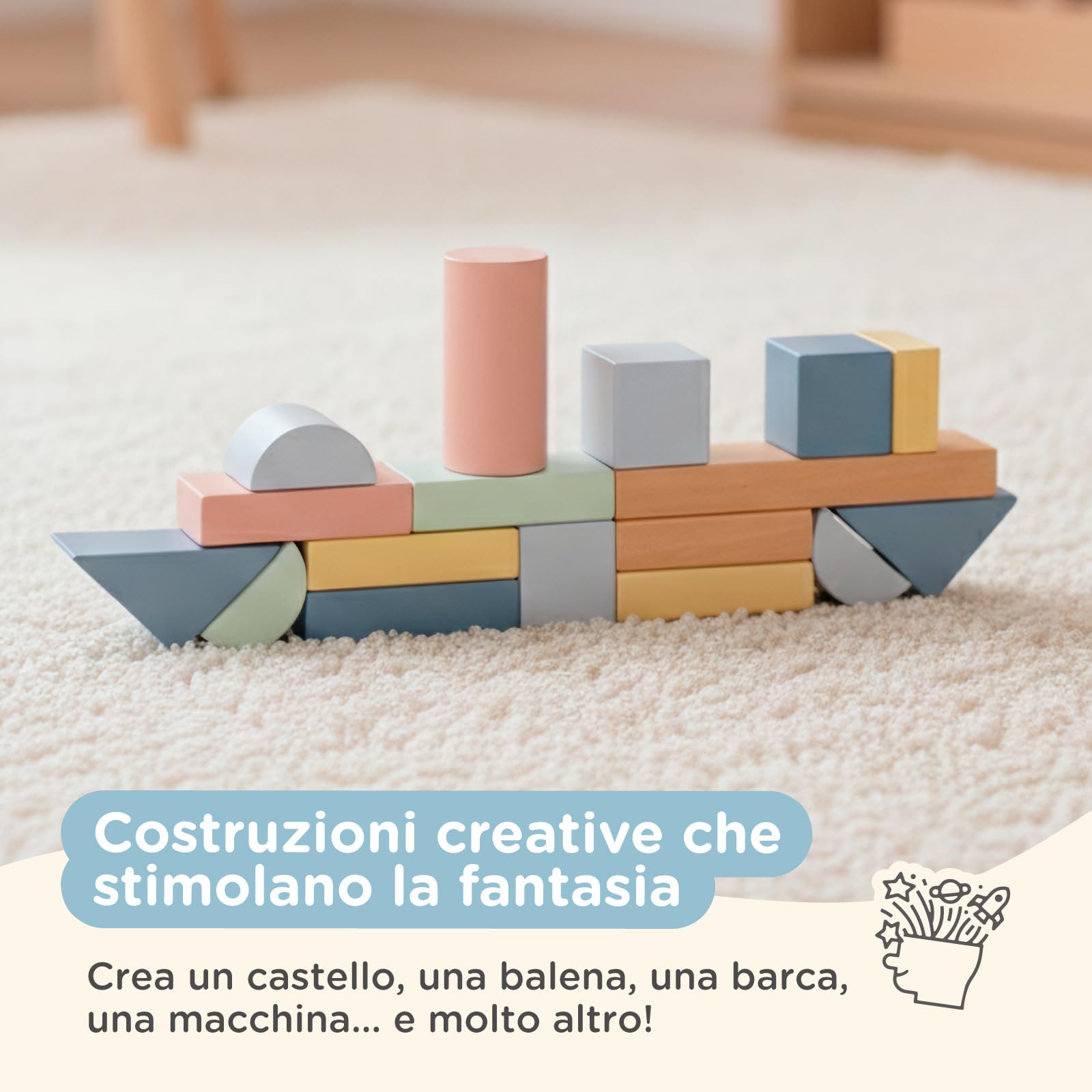 Nene Toys Blocchi di Costruzione in Legno 100 Pezzi – Blocchi Pastello in Legno FSC per Bambini da 1 Anno – Gioco Montessori di Impilamento & Ordinamento – Idea Regalo 1 2 3 Anni Bimbo Bambina