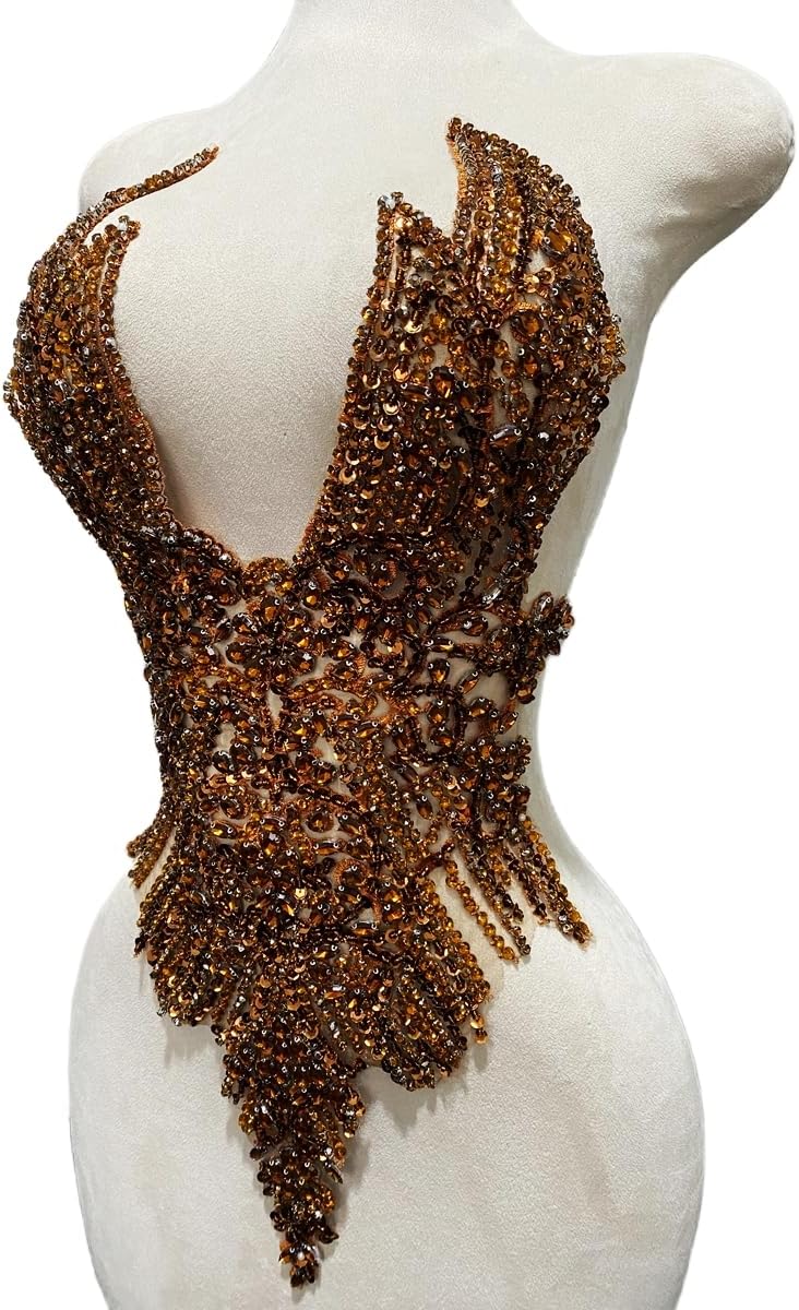Handmade Rhinestones Applique Glass Stones Beads Bright Crystal Lace Patches Bodice Accessories for Weding Dress Decorations 14.17X24.4inches (Brown)