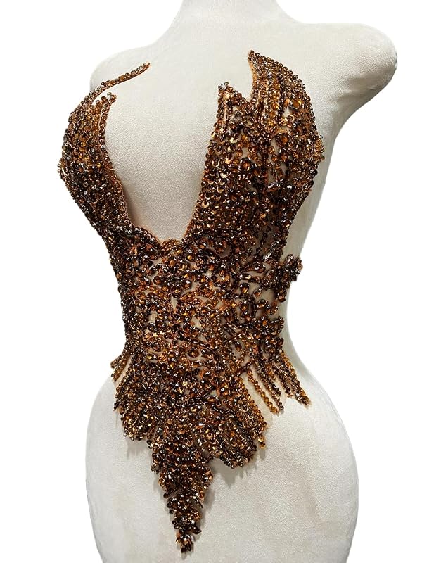 MOPISVN Handmade Rhinestones Applique Glass Stones Beads Bright Crystal Lace Patches Bodice Accessories for Weding Dress Decorations 14.17X24.4inches (Brown) by MOPISVN - Image 2