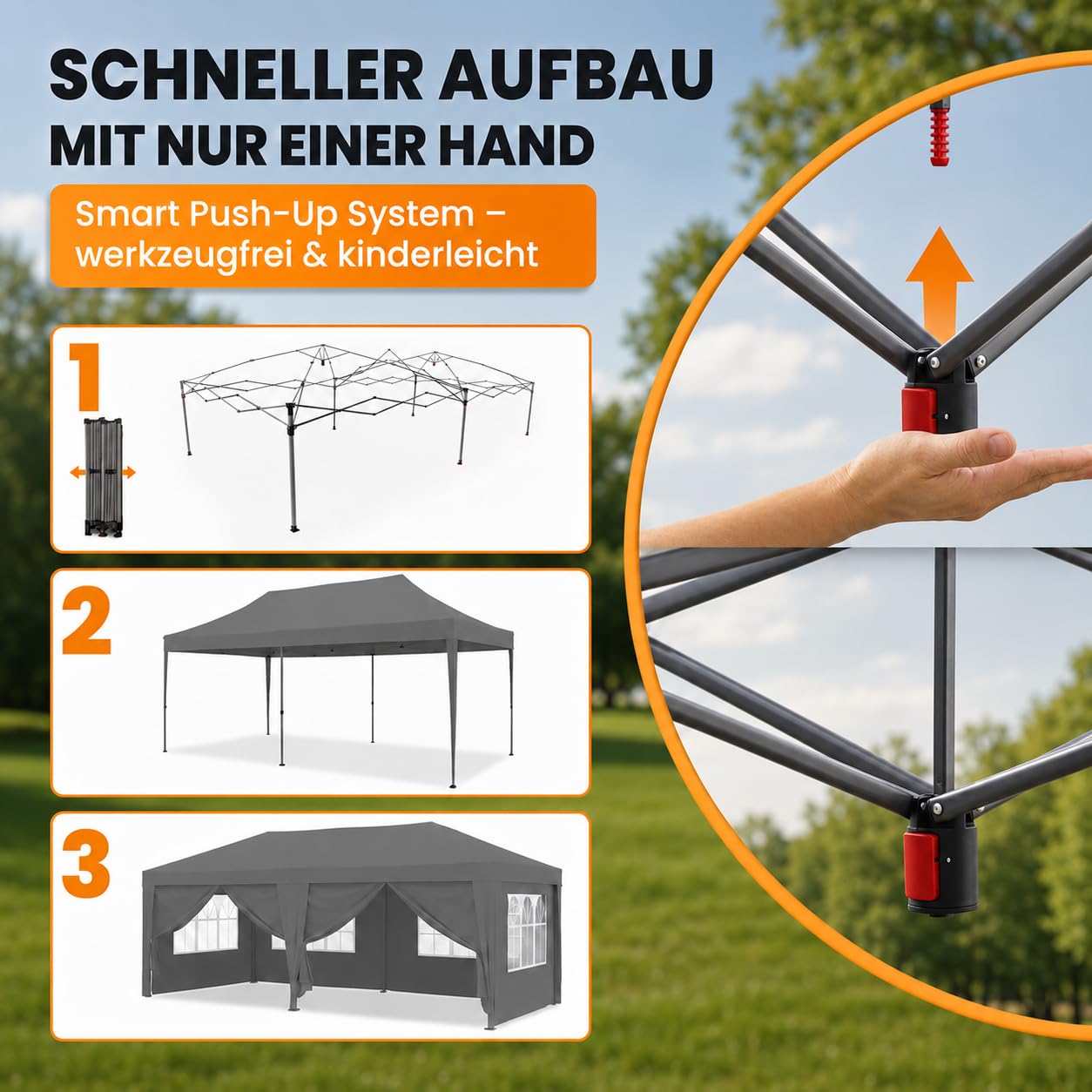NATURIZ® Pavillon 3x6 Wasserdicht Stabil & UV 50+ Schutz - Faltpavillon mit Seitenwänden - Pop Up Zelt für Garten, Camping, Märktestand & Partyzelt, Gartenpavillon, Gartenzelt, Festzelt, Gazebo (Grau)