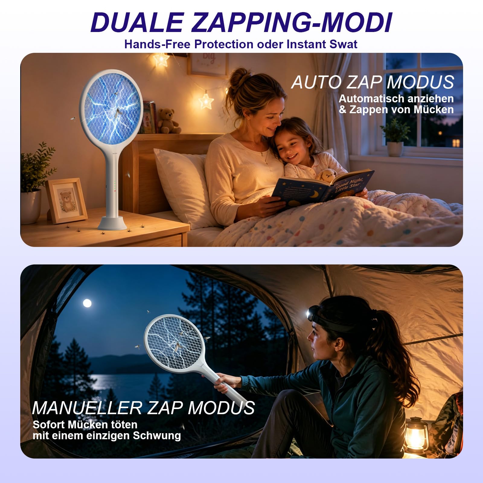 Elektrische Fliegenklatsche 4000V Bug Zapper Schläger Dual Modi Mückenvernichter mit Lila Mückenlicht Wiederaufladbar für Indoor Home Office