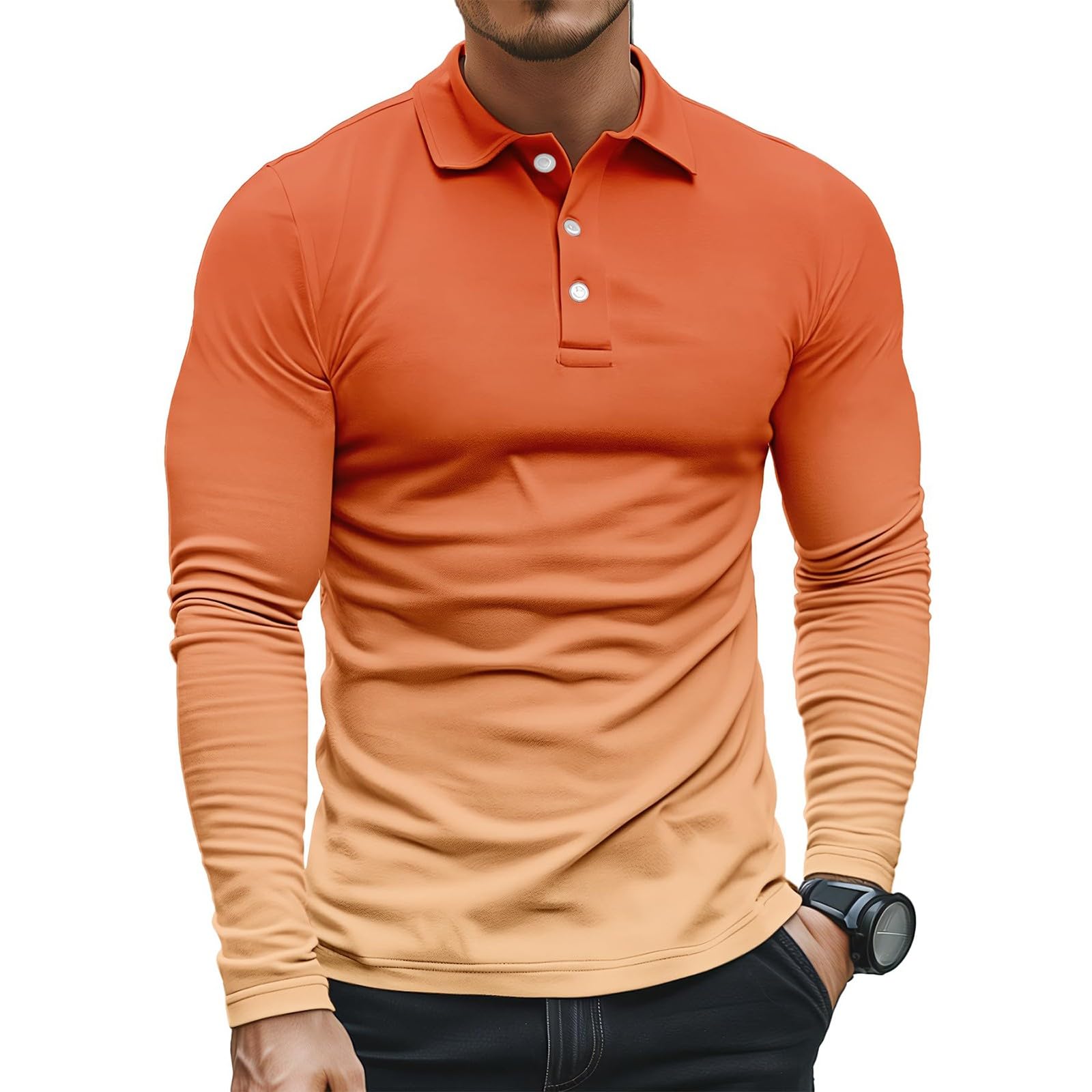 Generico Polo Uomo Manica Lunga a Colore Sfumato Ombré, Colletto Abbottonato Leggero, Modello Raffinato Adatto per Il Golf, Tennis e uscite quotidiane(1A-Orange, M)