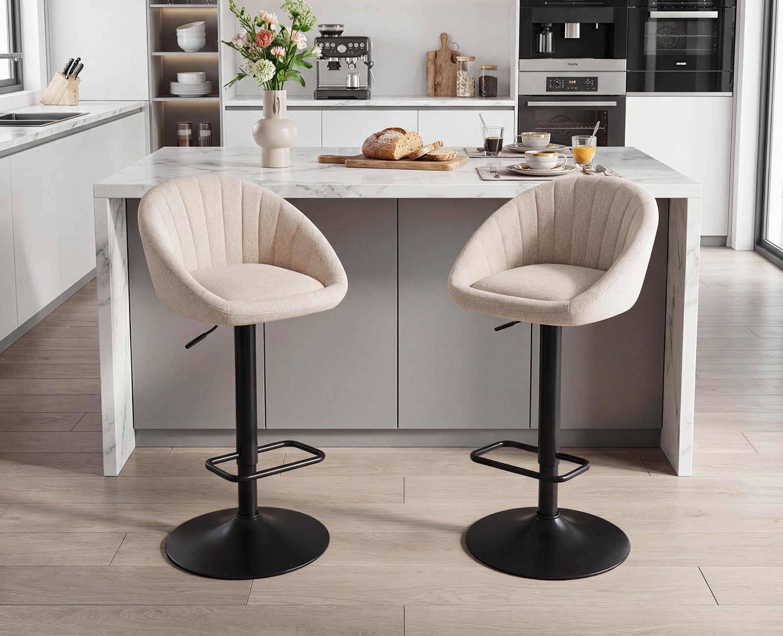 chairus Tabouret de Bar Lot de 2 Chaise de Bar Réglable Repose-Pied, Beige | Chaise Haute Bar Moderne Tabouret Haut en Tissu Coussin Confortable Pieds en Métal pour Bar Ilot Central Cuisine