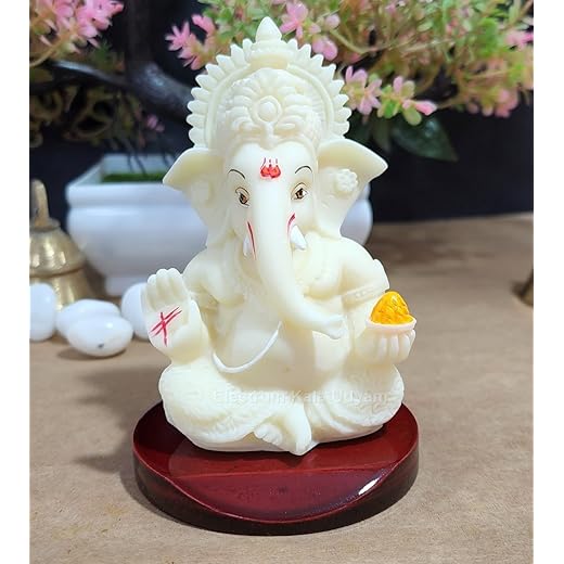 Electrum Kala Udyam Ganesha Idol on MDF Base | Figurines for Car Dashboards, Office, Desks, Home | Festive Gifts (Mukut Ivory MDF)
