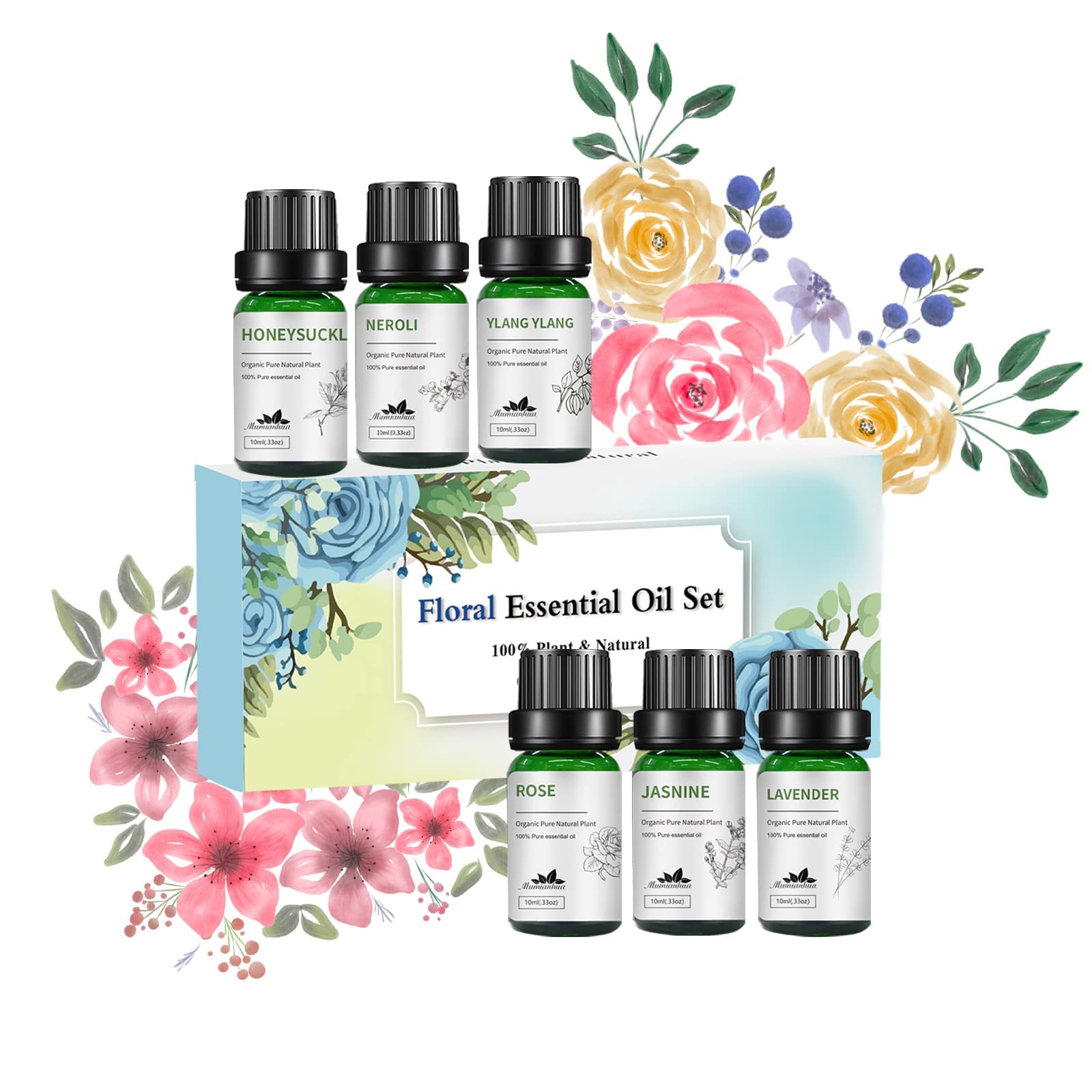 Floral Essential Oils Set Mumianhua 6 x10 ml Flower Essential Oil Starter Kit for Diffusers for Home, Skin, Candle Making, Soap Making Lavender, Rose, Jasmine, Ylang-Ylang, Honeysuckle, Neroli