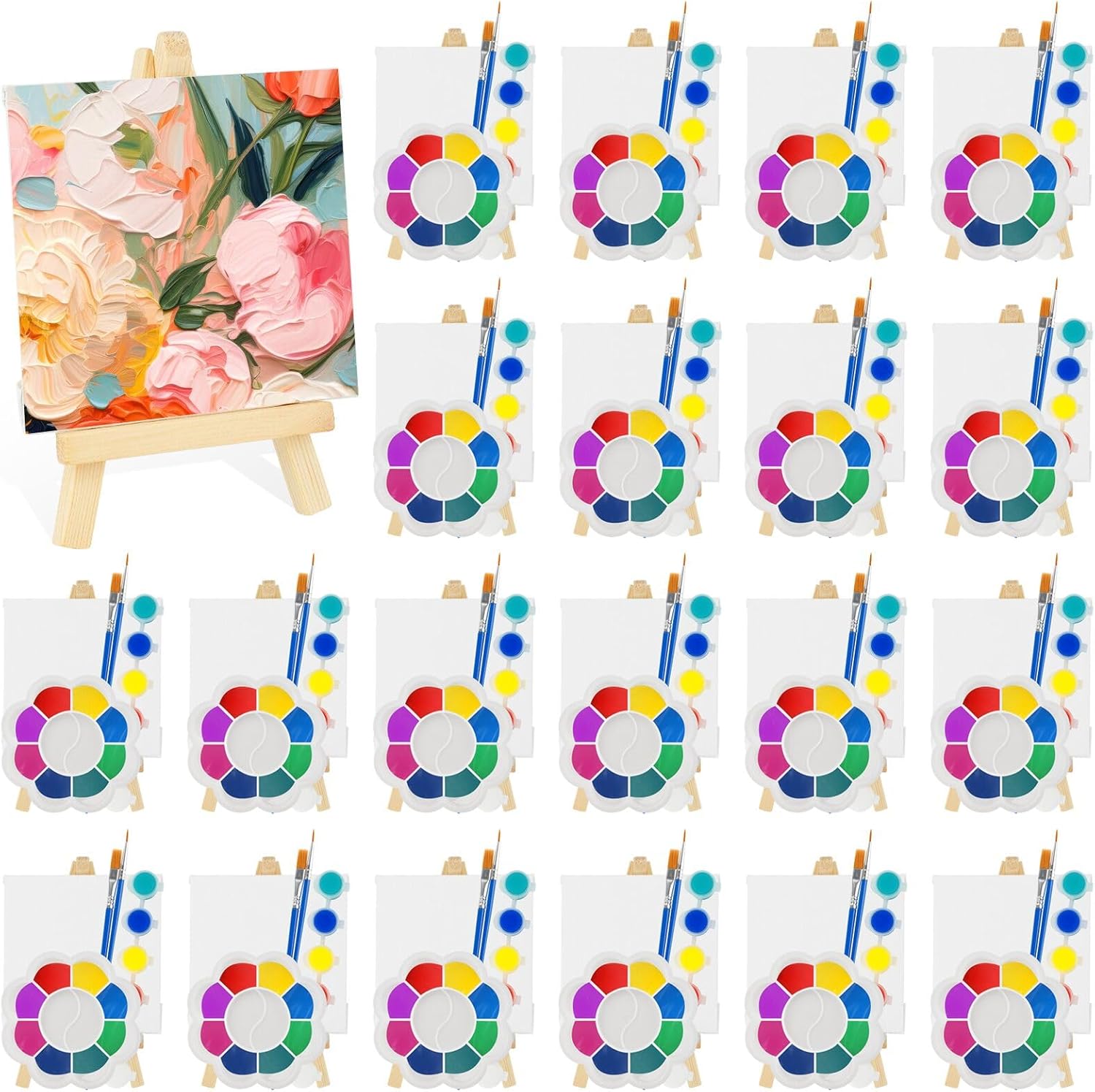 20 Set Acrylic Paint Canvas Set, 4 inches Mini Art Painting Supplies Kit with 6 Colors Acrylics Paint Table Wood Easel Canvas Panels Paint Brushes Palette for Beginner Artist Adults Birthday